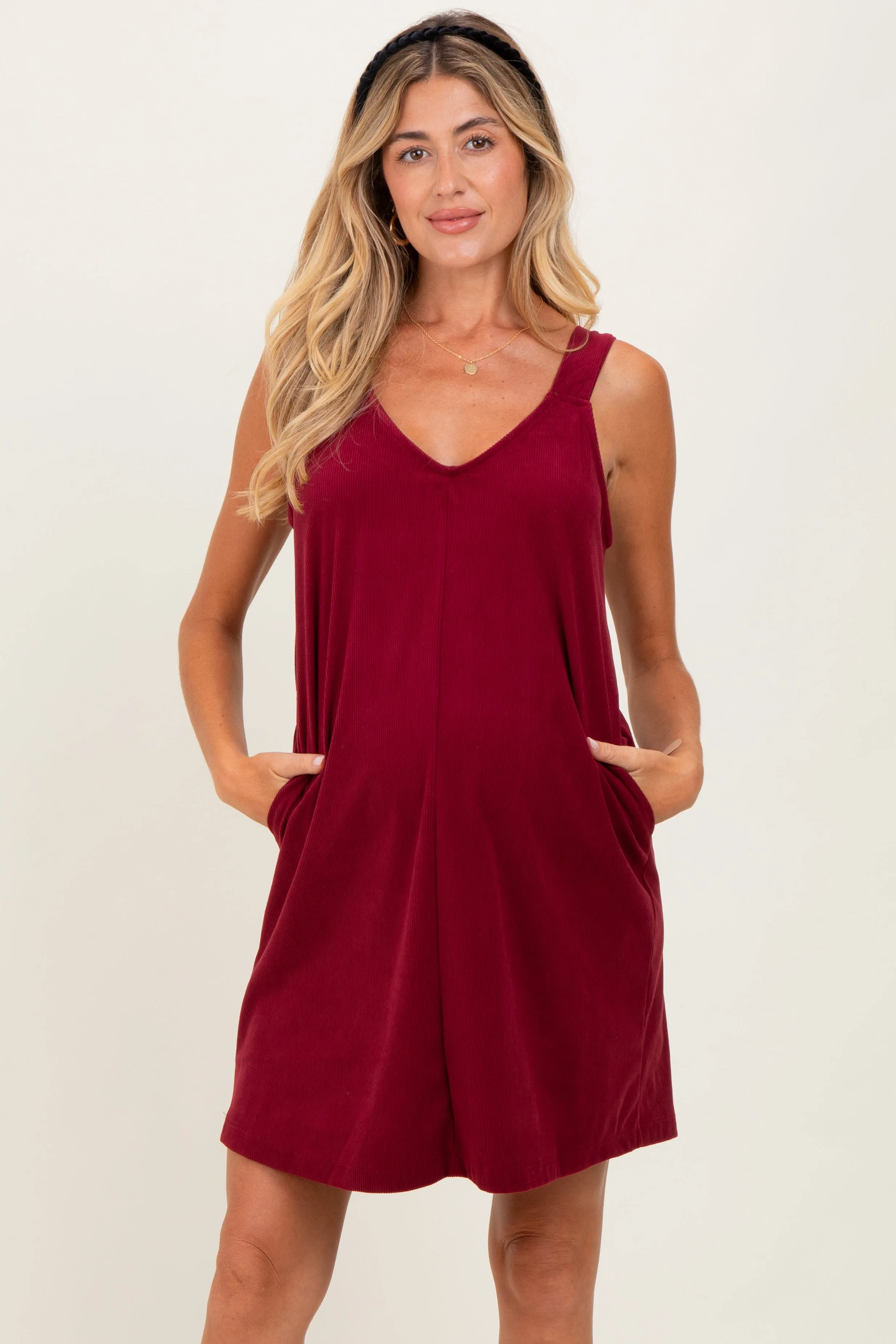 Burgundy Solid Corduroy V-Neck A-Line Maternity Mini Dress sold by Pinkblush