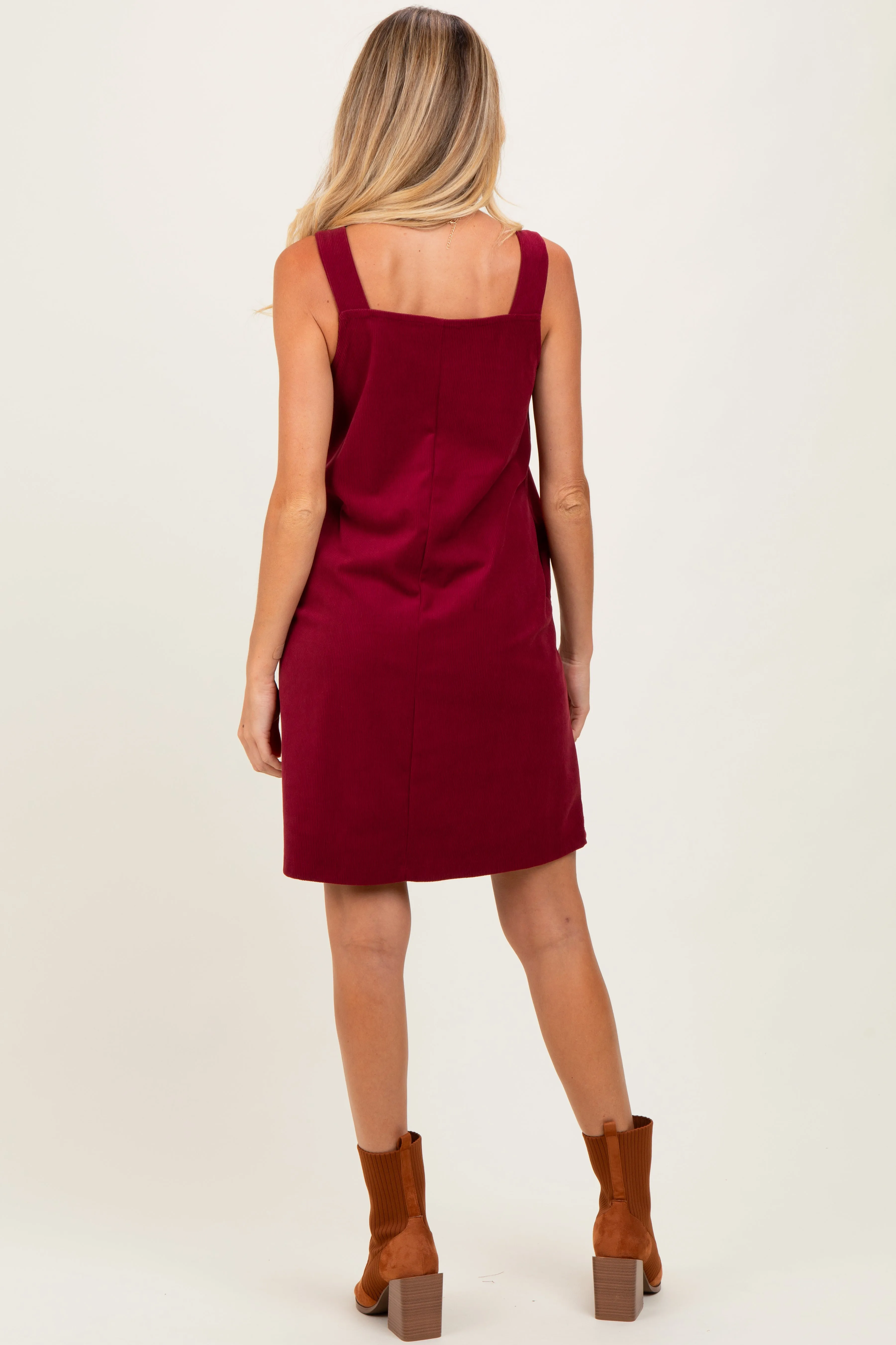 Burgundy Solid Corduroy V-Neck A-Line Maternity Mini Dress sold by Pinkblush product image thumbnail 3