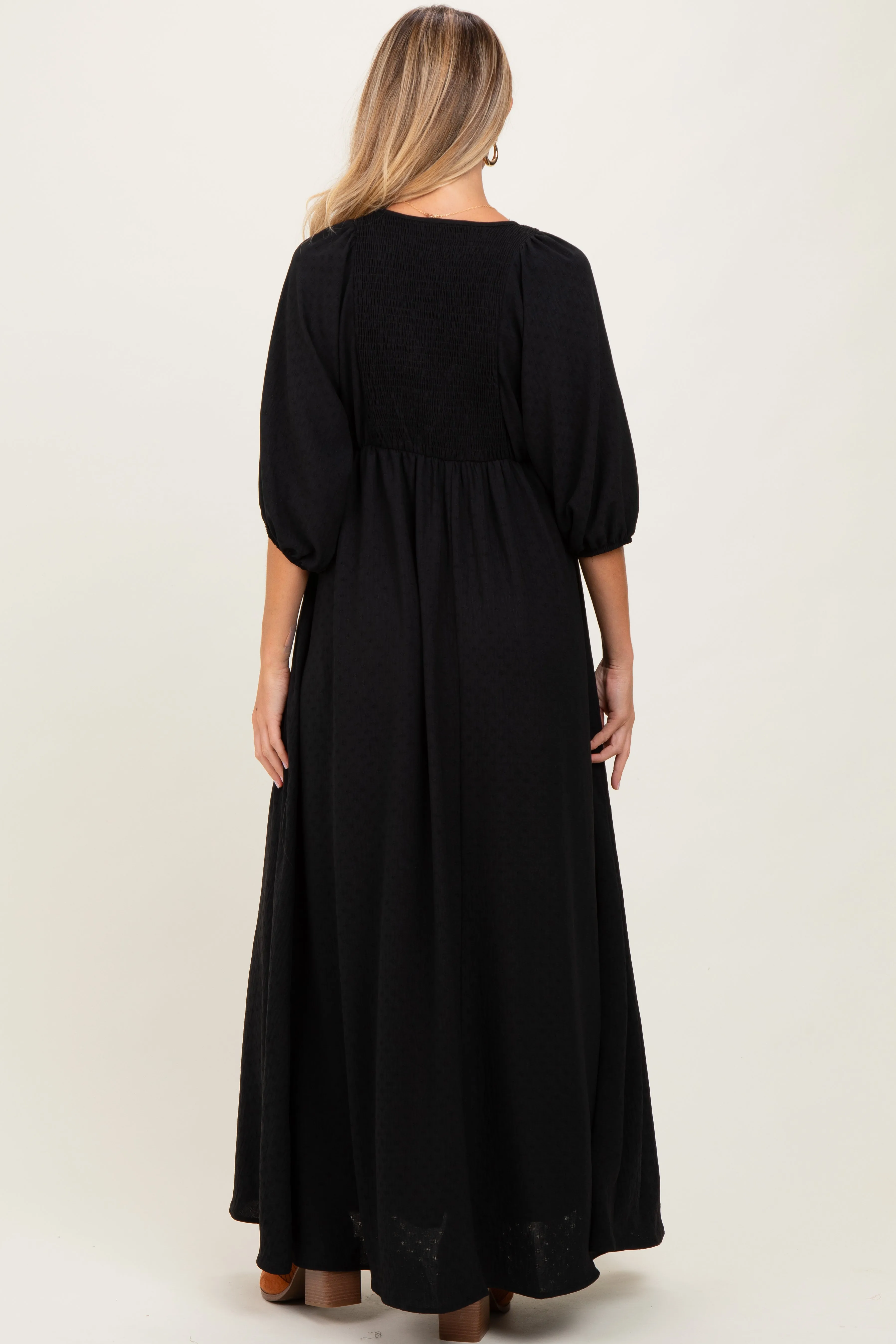 Black Solid 3/4 Sleeve Smocked Top V-Neck Maternity Maxi Dress sold by Pinkblush product image thumbnail 3