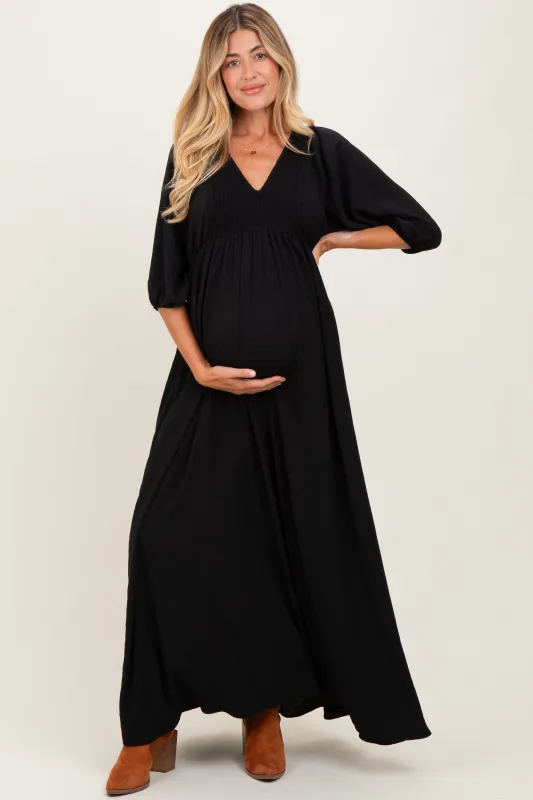 Black Solid 3/4 Sleeve Smocked Top V-Neck Maternity Maxi Dress sold by Pinkblush