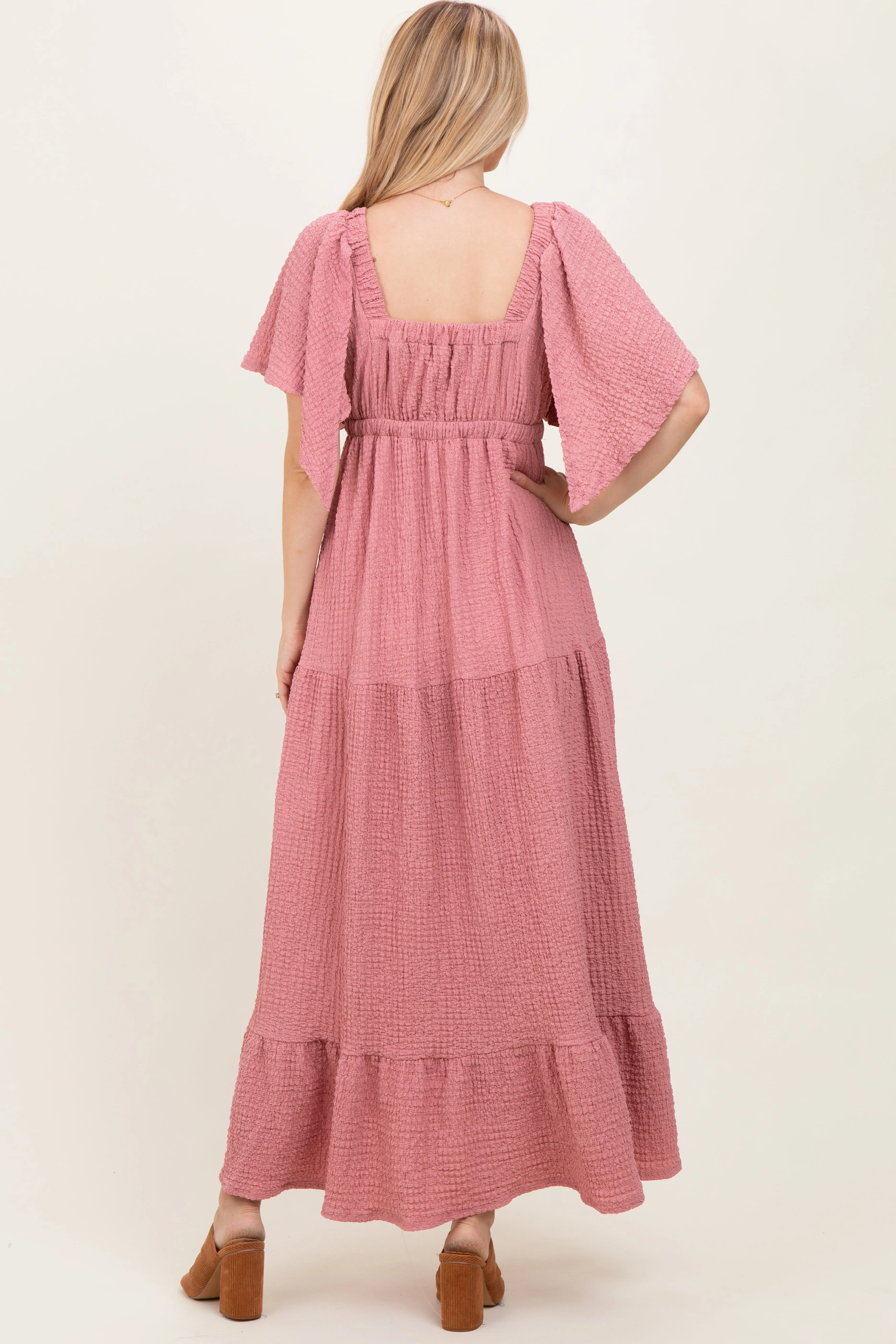 Mauve Textured Flutter Sleeve V-Neck Tiered Maxi Dress sold by Pinkblush product image thumbnail 4