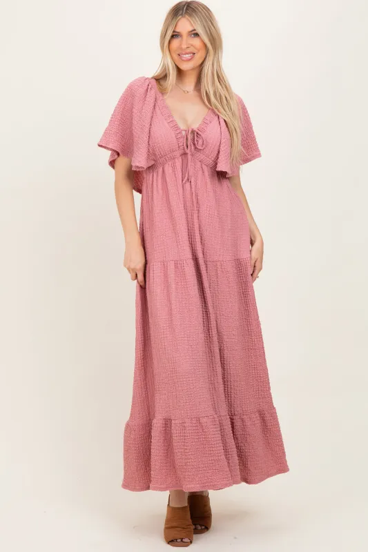 Mauve Textured Flutter Sleeve V-Neck Tiered Maxi Dress sold by Pinkblush