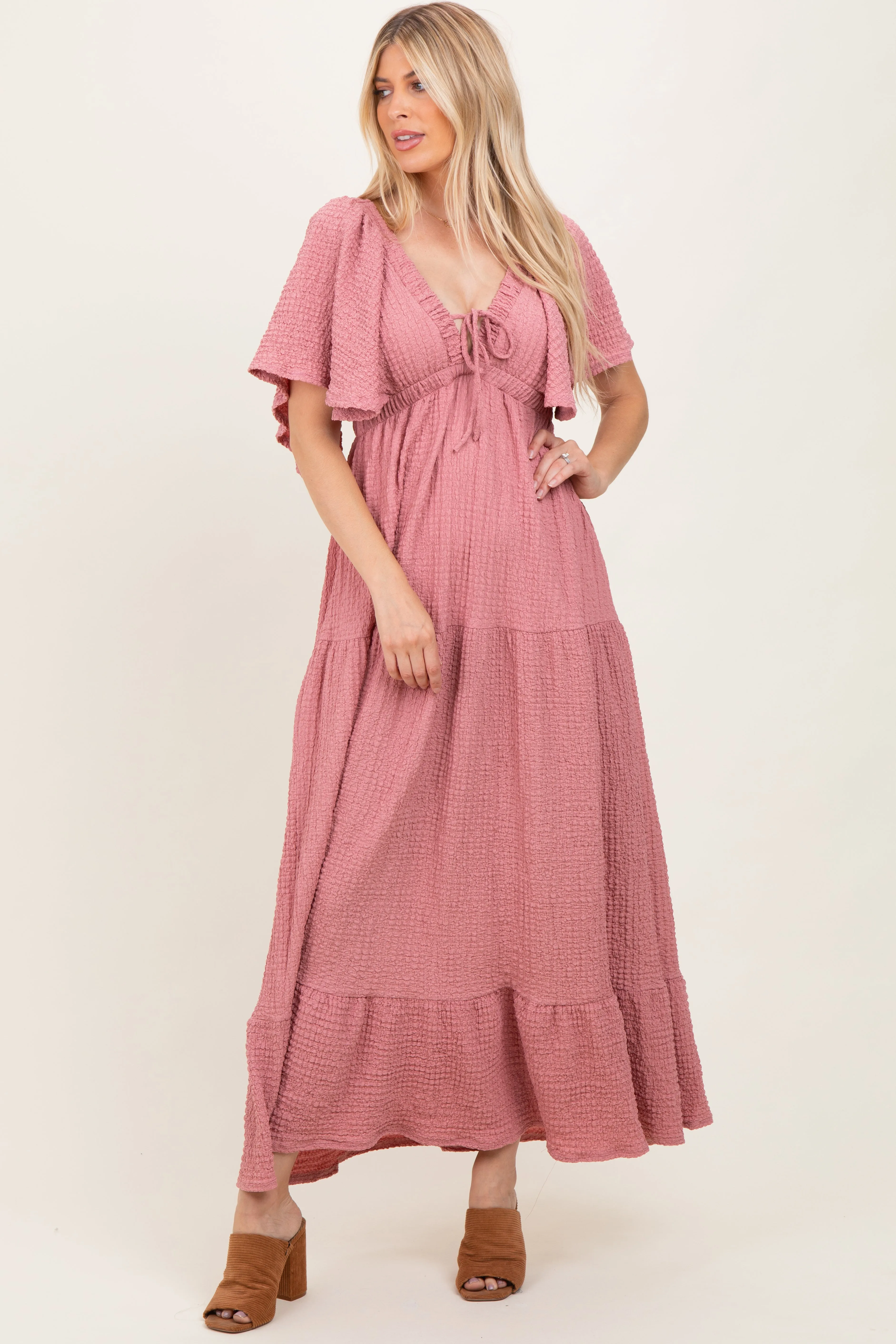 Mauve Textured Flutter Sleeve V-Neck Tiered Maxi Dress sold by Pinkblush product image thumbnail 2