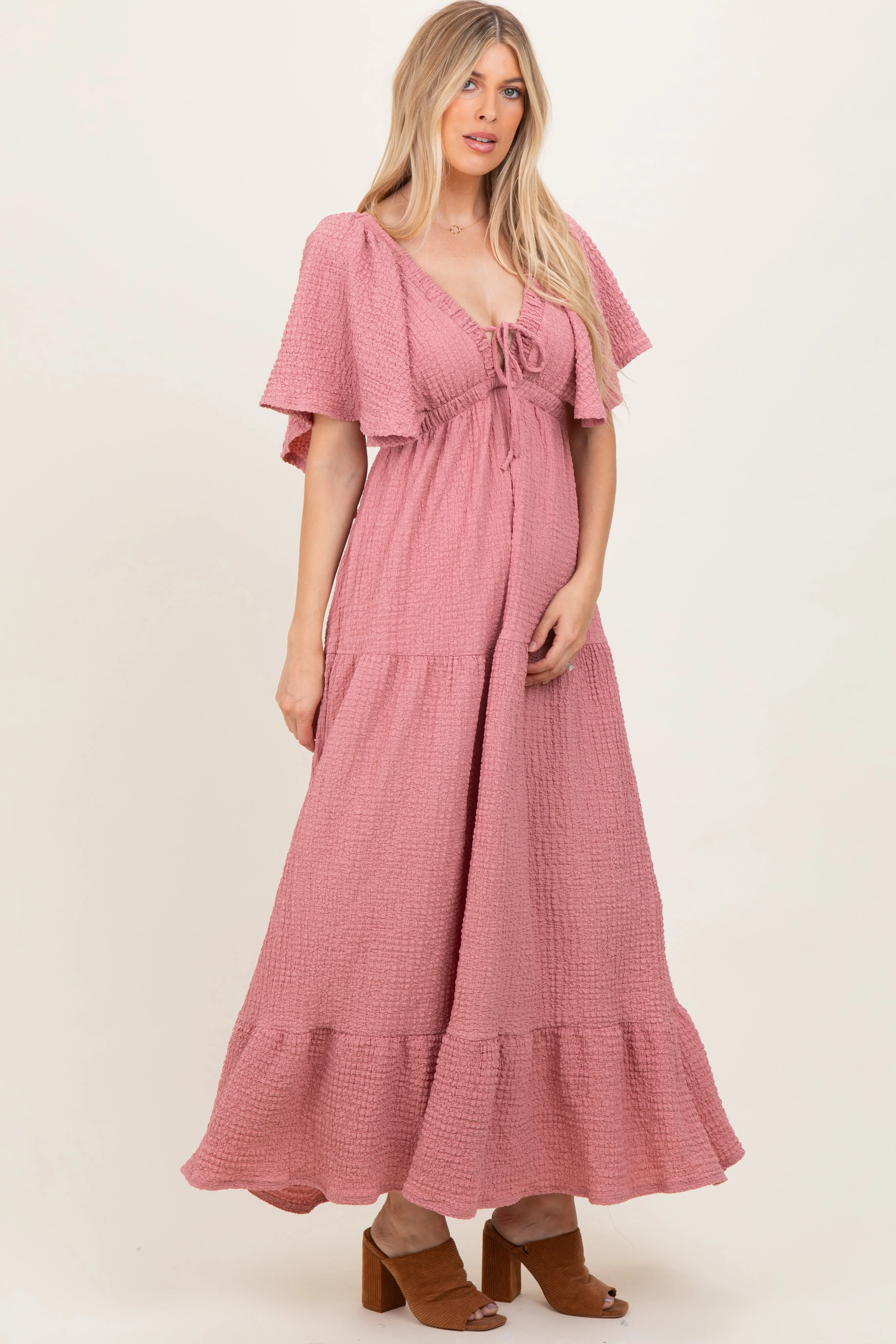 Mauve Textured Flutter Sleeve V-Neck Tiered Maxi Dress sold by Pinkblush product image thumbnail 3