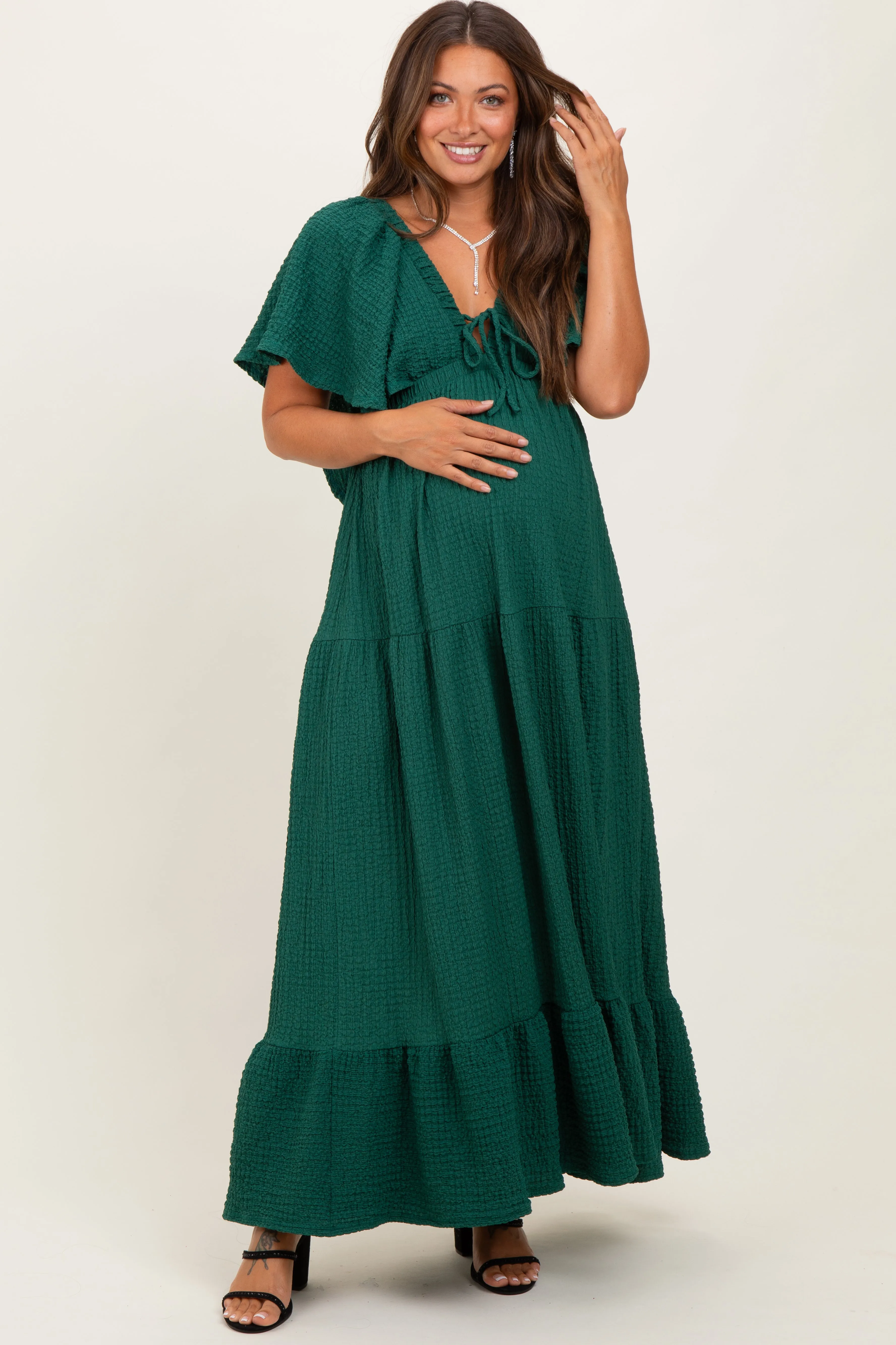 Hunter Green Woven Textured Flutter Sleeve V-Neck Tiered Maternity Maxi Dress sold by Pinkblush product image thumbnail 2