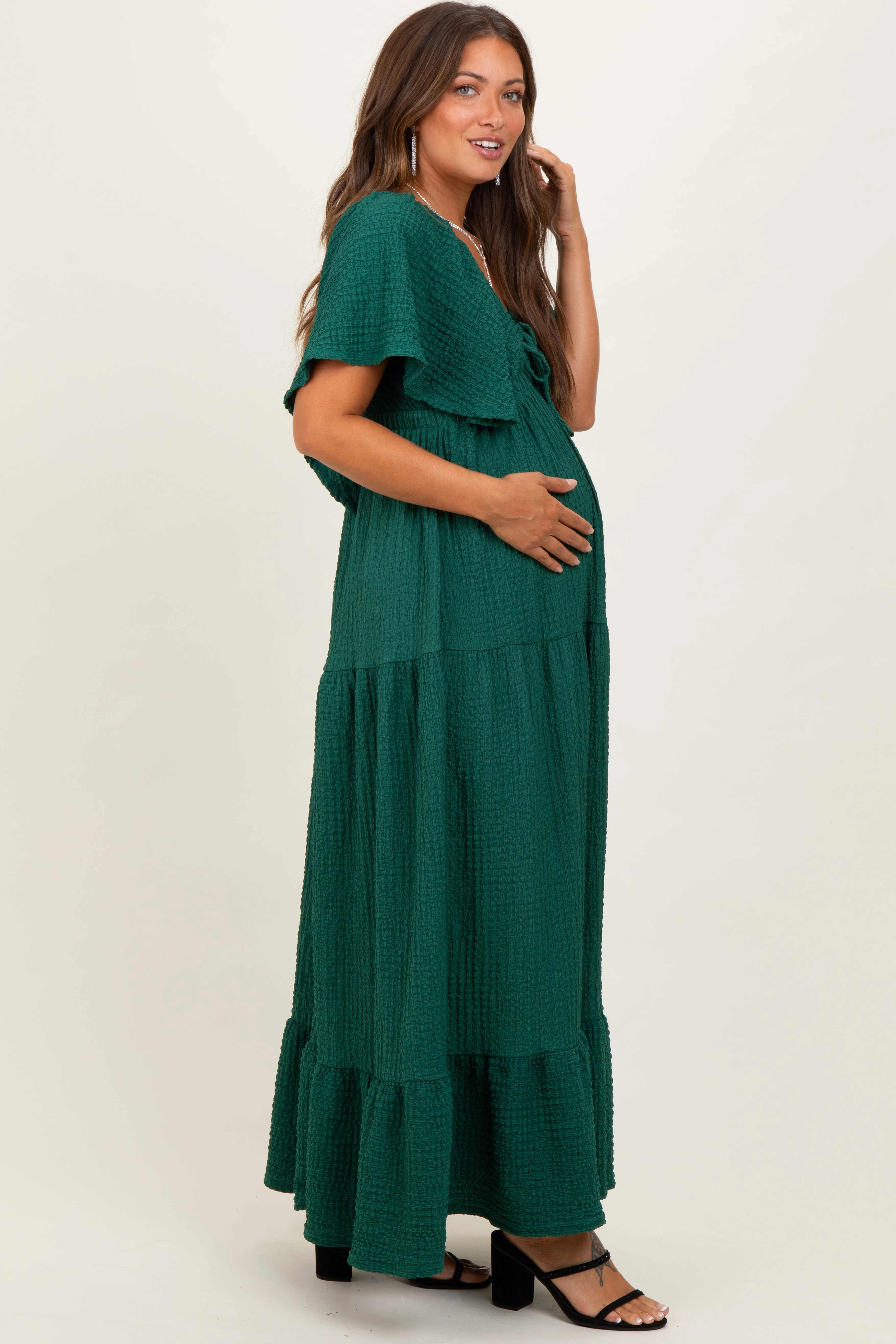 Hunter Green Woven Textured Flutter Sleeve V-Neck Tiered Maternity Maxi Dress sold by Pinkblush product image thumbnail 3