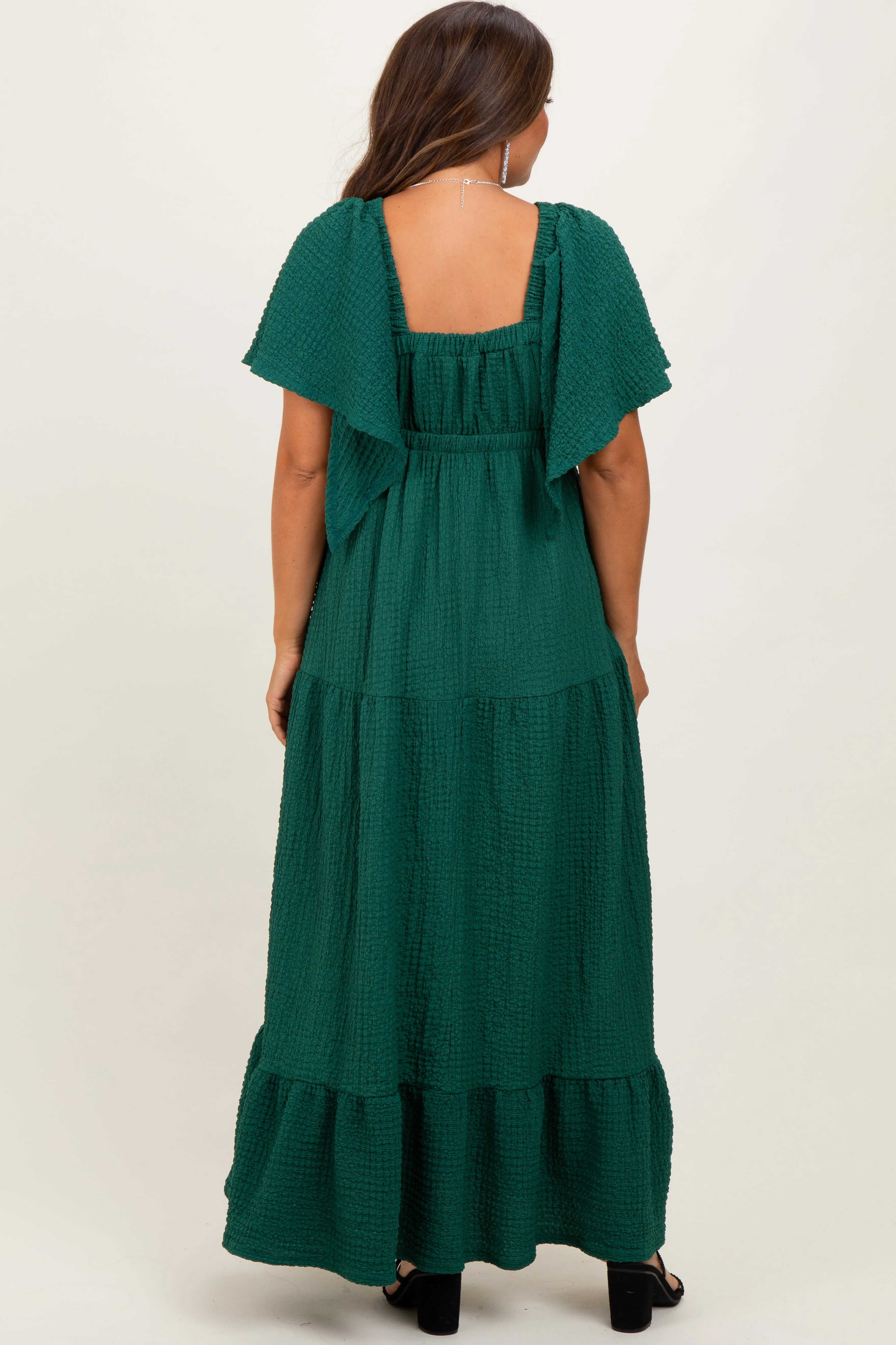 Hunter Green Woven Textured Flutter Sleeve V-Neck Tiered Maternity Maxi Dress sold by Pinkblush product image thumbnail 4