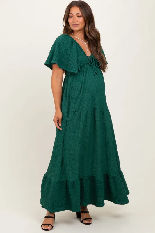 Hunter Green Woven Textured Flutter Sleeve V-Neck Tiered Maternity Maxi Dress sold by Pinkblush