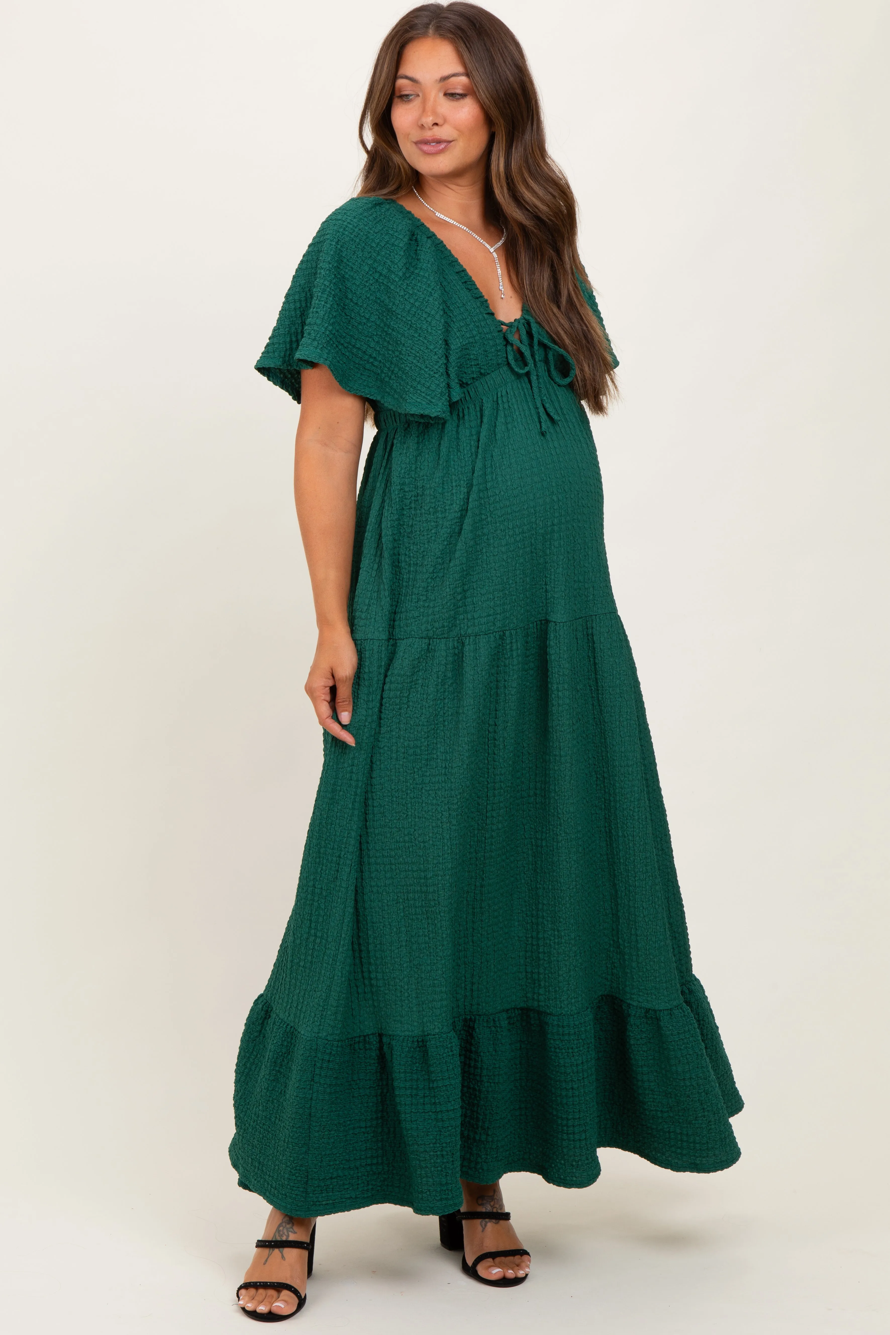 Hunter Green Woven Textured Flutter Sleeve V-Neck Tiered Maternity Maxi Dress sold by Pinkblush
