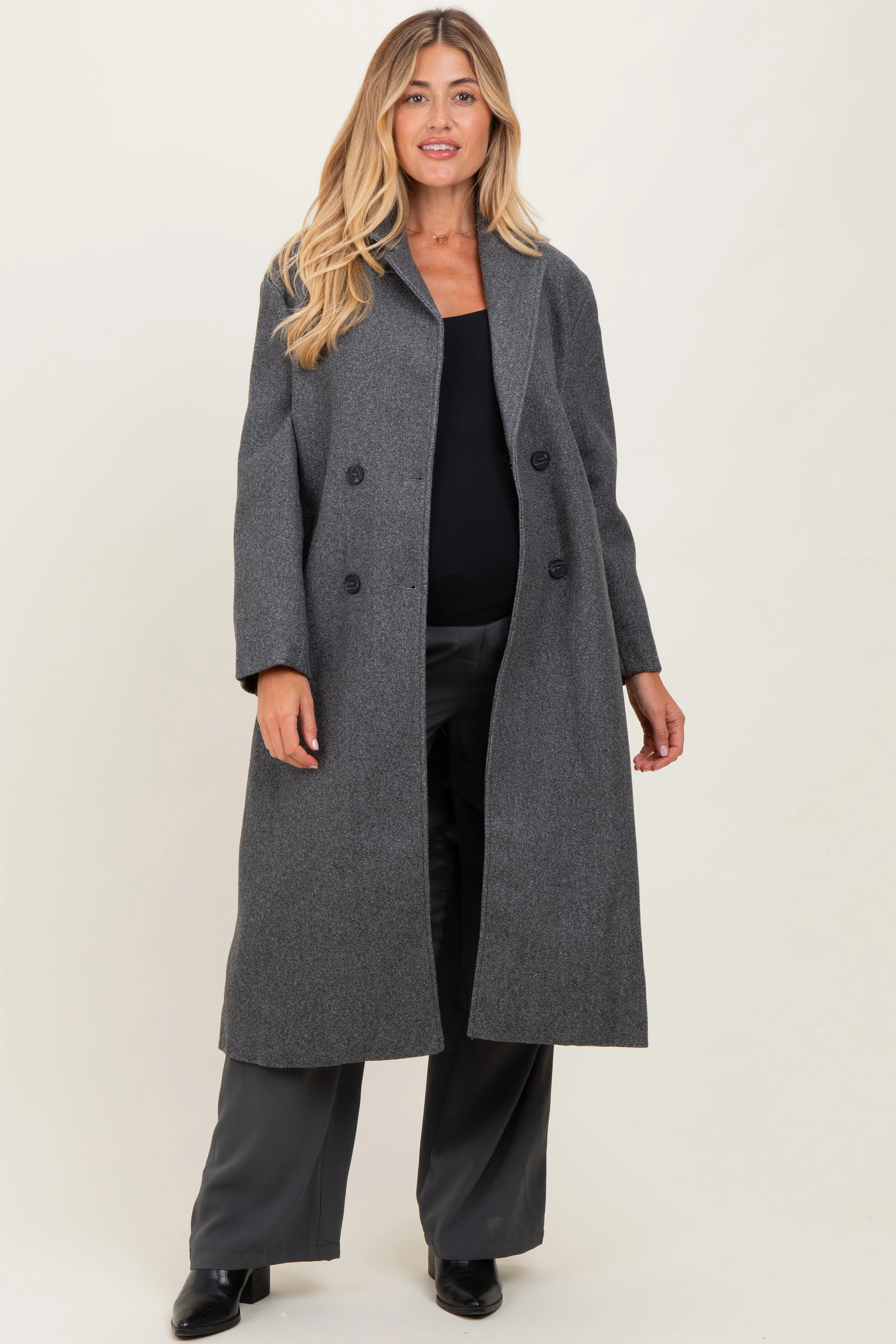 Charcoal Felted Double Breasted Lapel Duster Maternity Coat sold by Pinkblush product image thumbnail 2
