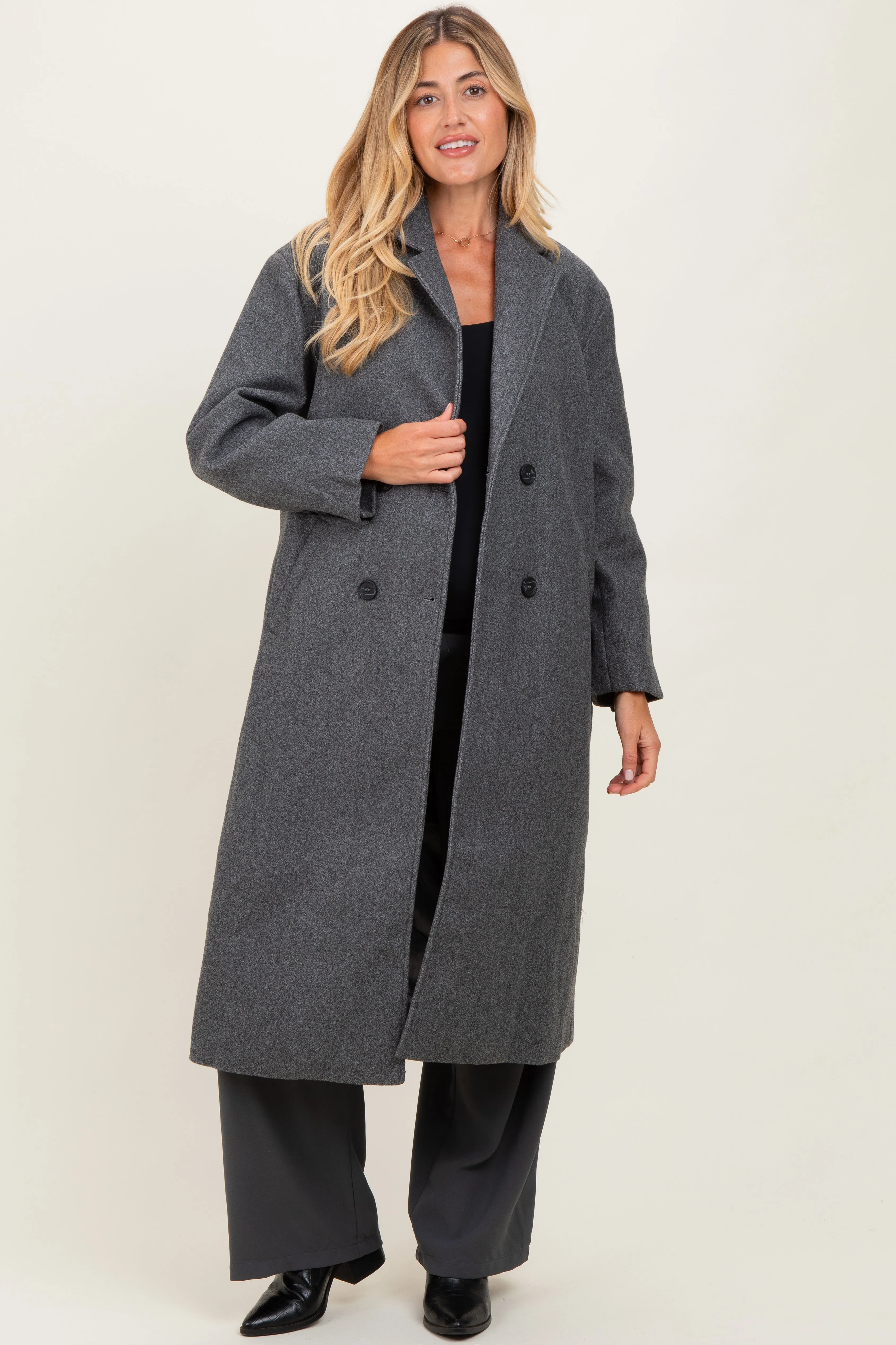 Charcoal Felted Double Breasted Lapel Duster Maternity Coat sold by Pinkblush