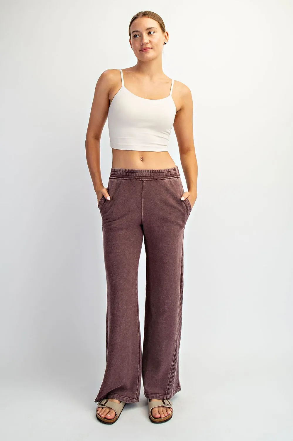 Burgundy Mineral Wash Waffle Knit Contrast Lounge Pants sold by Pinkblush