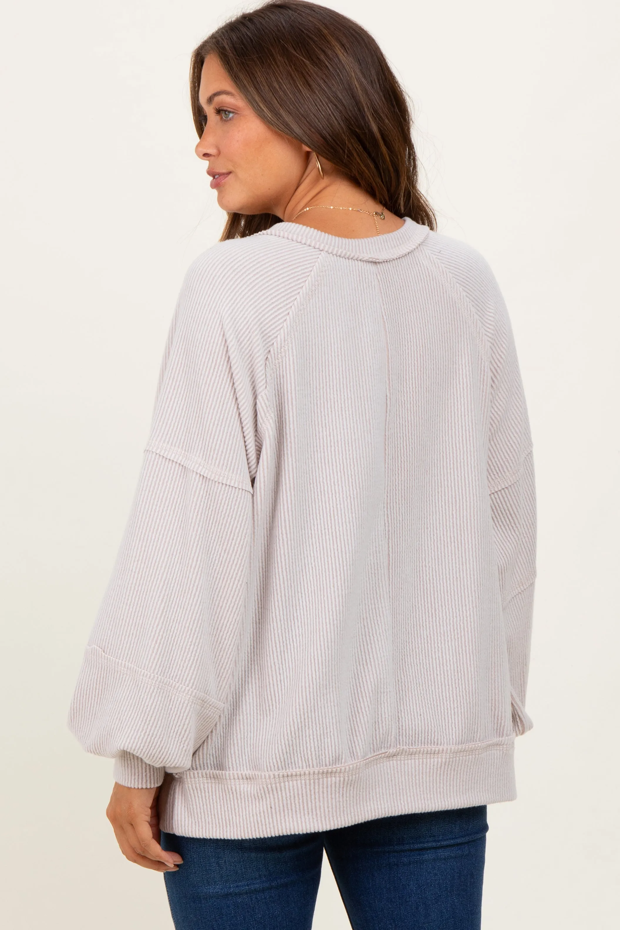 Beige Solid Rib Long Sleeve V-Neck Oversized Maternity Tunic Top sold by Pinkblush product image thumbnail 4