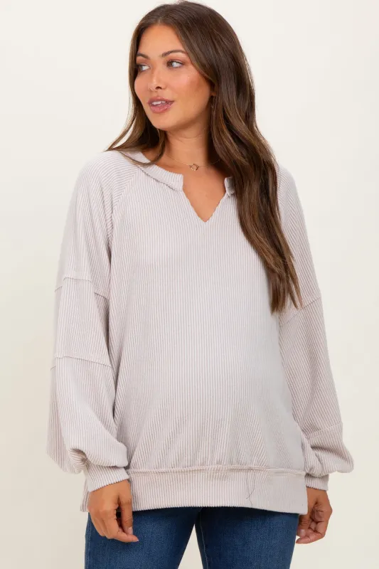 Beige Solid Rib Long Sleeve V-Neck Oversized Maternity Tunic Top sold by Pinkblush