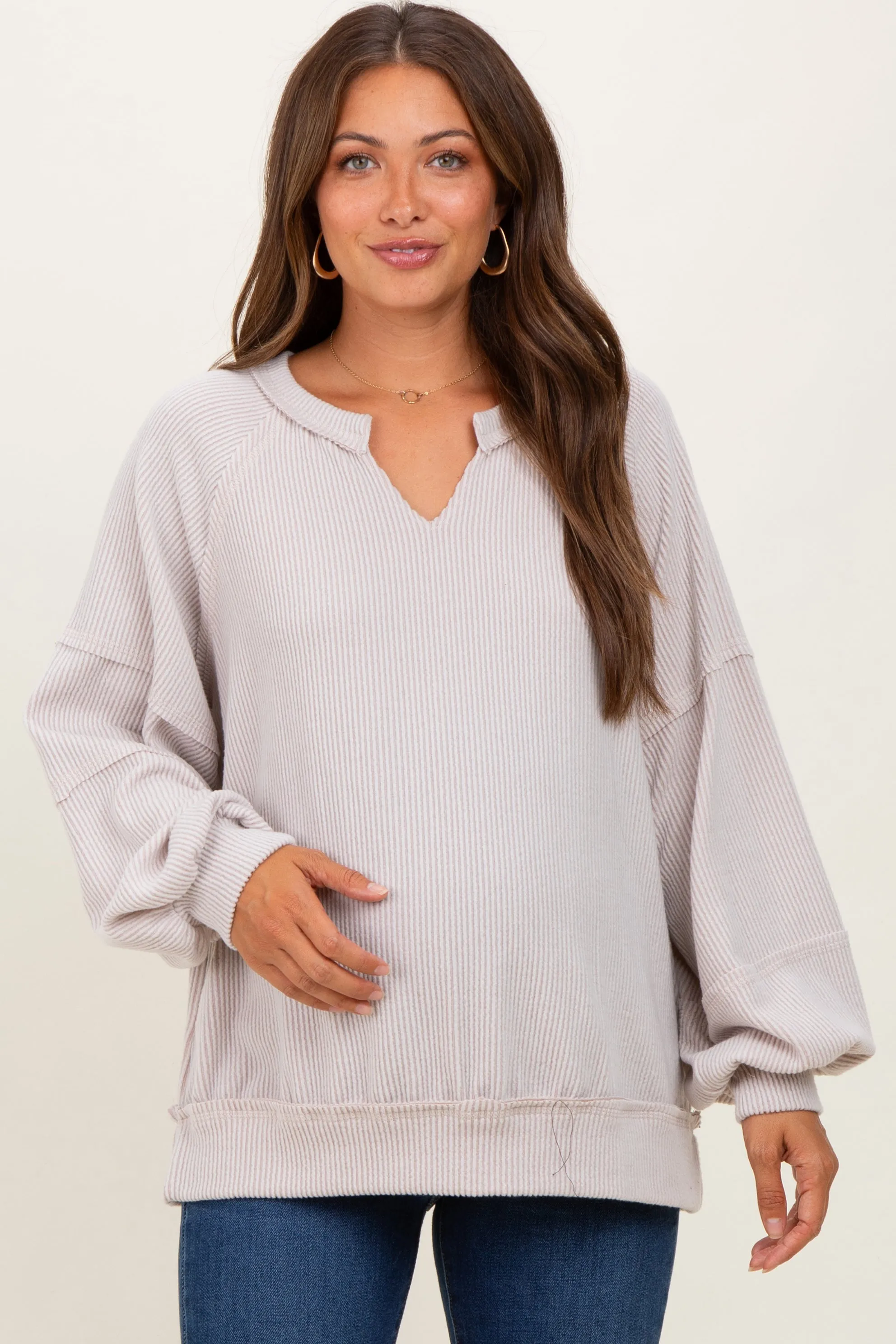 Beige Solid Rib Long Sleeve V-Neck Oversized Maternity Tunic Top sold by Pinkblush product image thumbnail 2