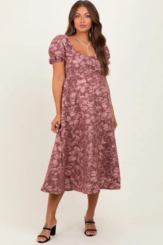 Mauve Floral Jacquard Puff Sleeve Maternity Midi Dress sold by Pinkblush