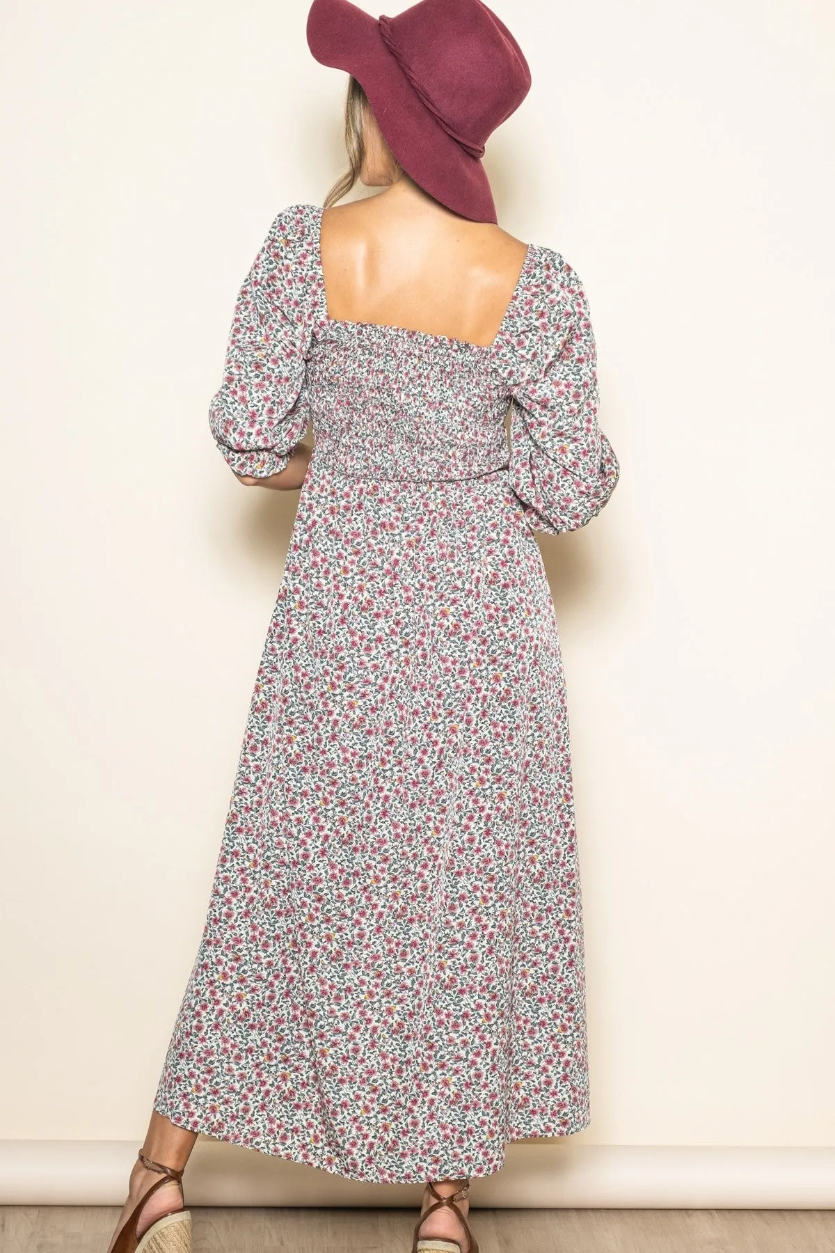 Cream Floral Print Smocked Bodice Maxi Dress sold by Pinkblush product image thumbnail 4