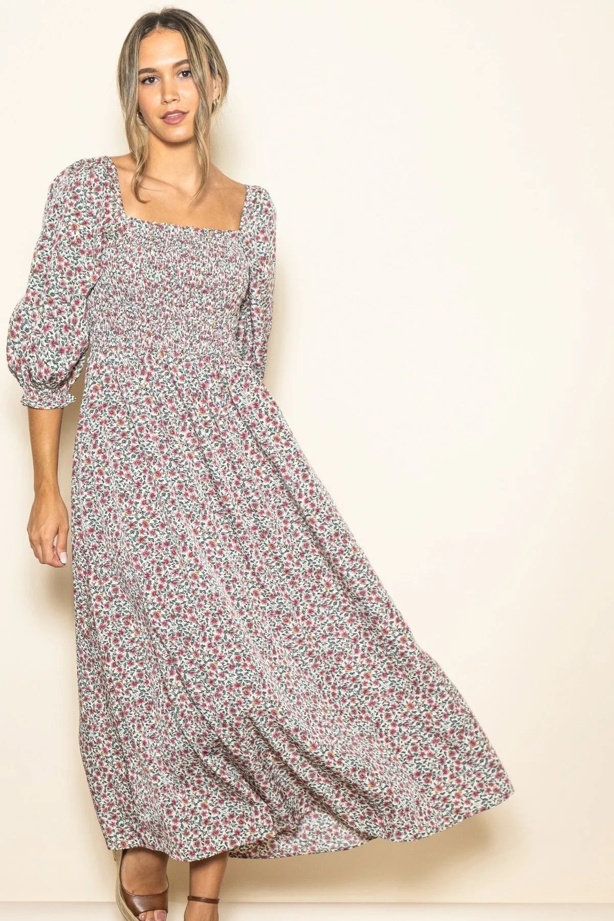Cream Floral Print Smocked Bodice Maxi Dress sold by Pinkblush product image thumbnail 2