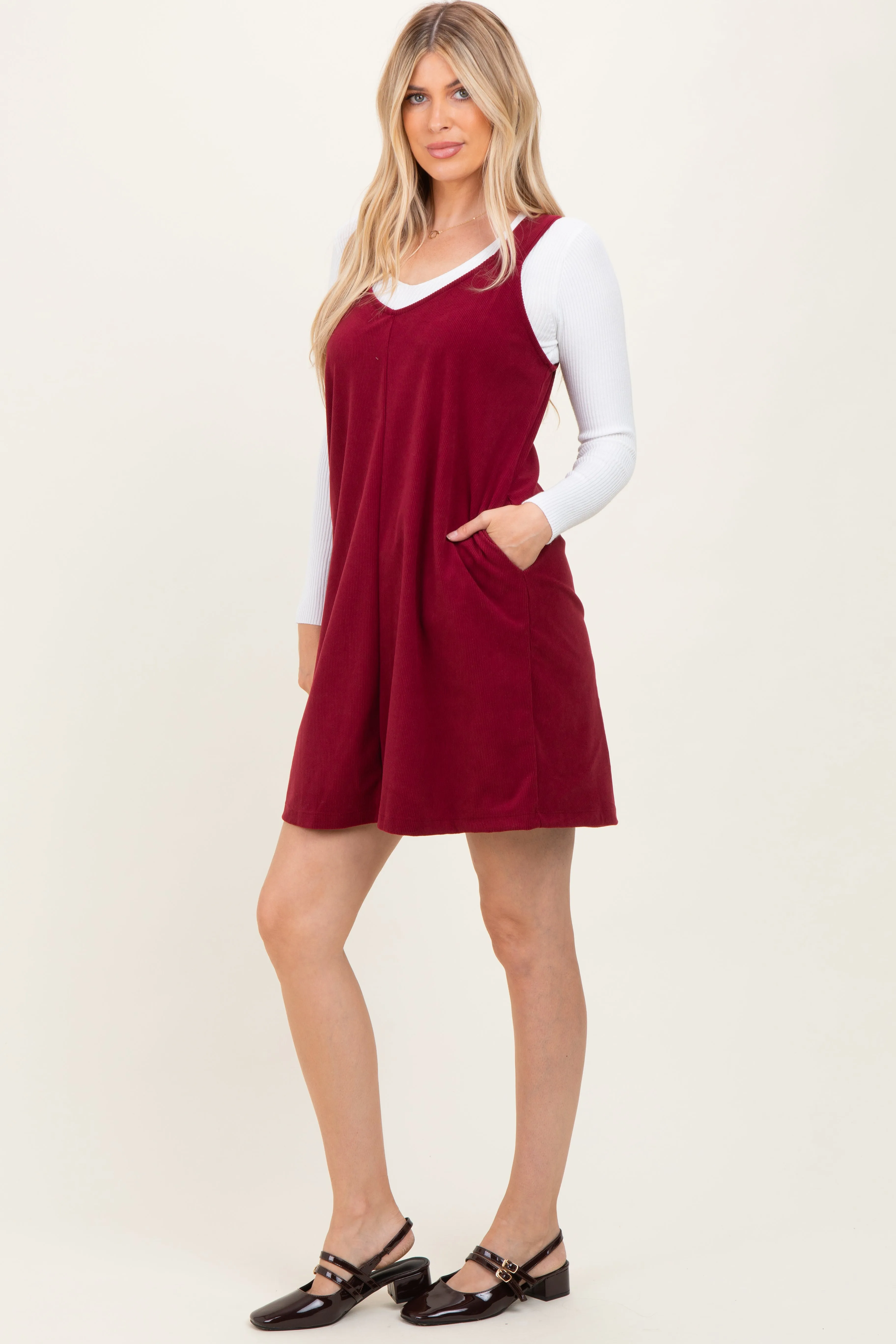 Burgundy Solid Corduroy V-Neck A-Line Mini Dress sold by Pinkblush product image thumbnail 3