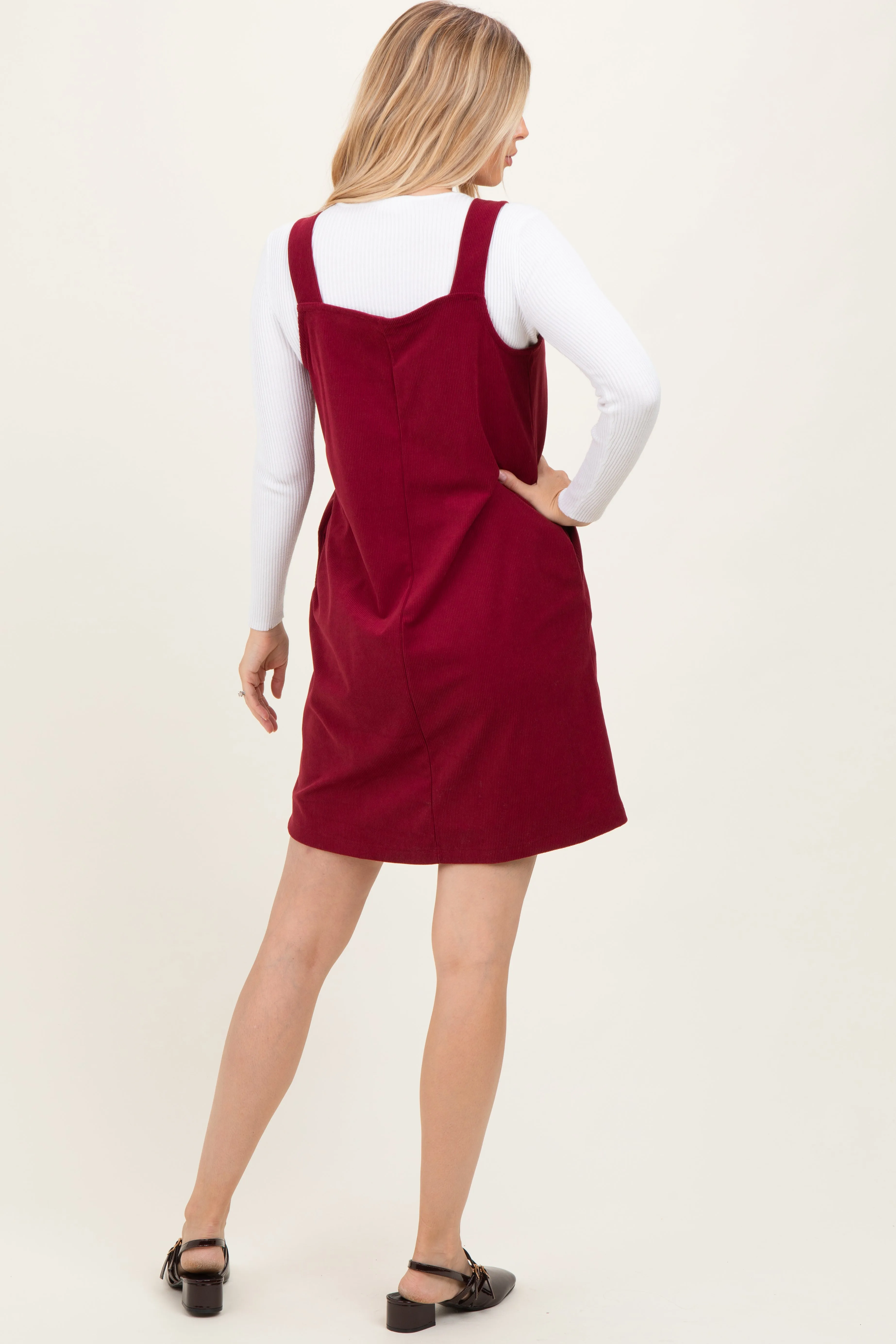 Burgundy Solid Corduroy V-Neck A-Line Mini Dress sold by Pinkblush product image thumbnail 4