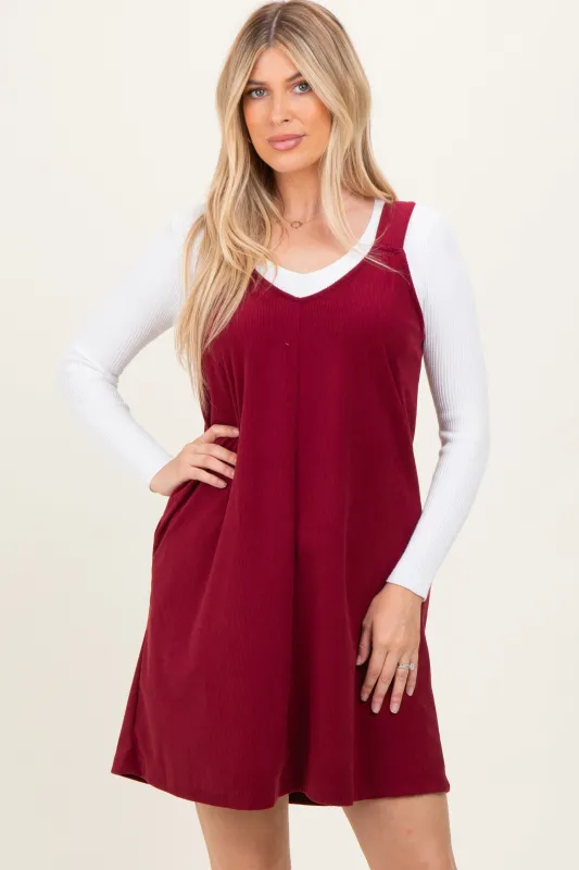 Burgundy Solid Corduroy V-Neck A-Line Mini Dress sold by Pinkblush