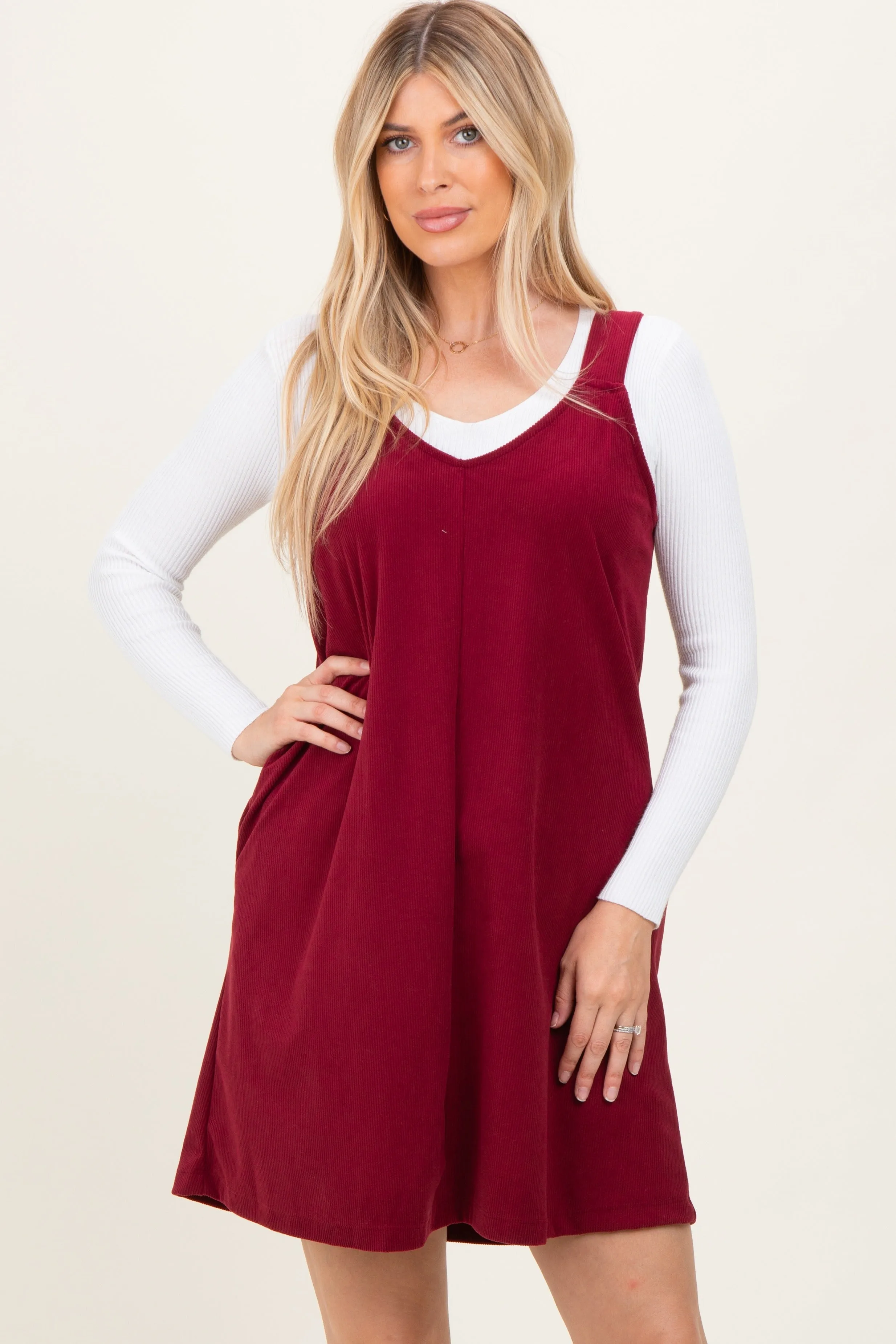 Burgundy Solid Corduroy V-Neck A-Line Mini Dress sold by Pinkblush