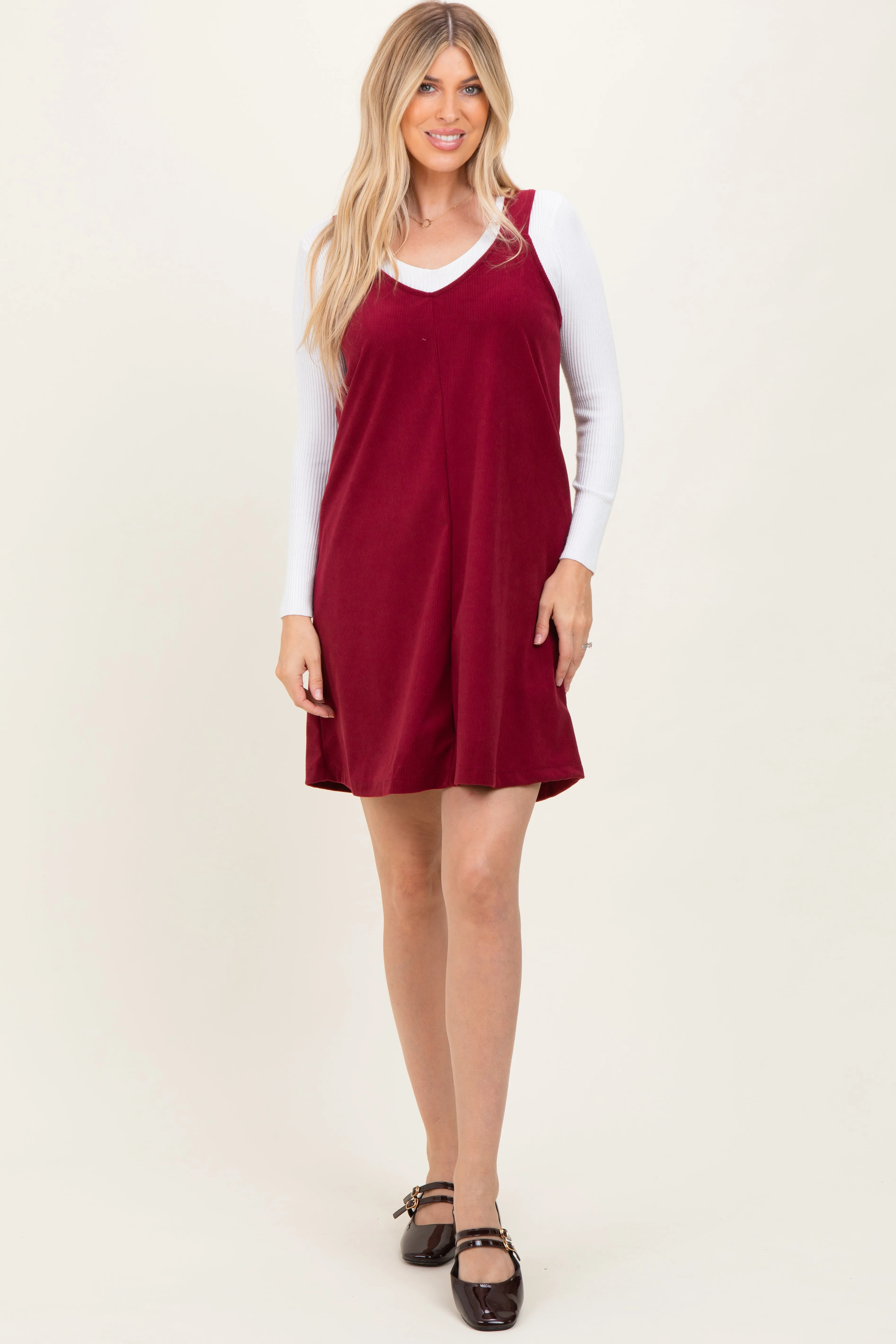 Burgundy Solid Corduroy V-Neck A-Line Mini Dress sold by Pinkblush product image thumbnail 2