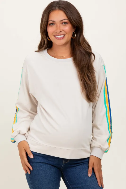 Taupe Mineral Wash Velvet Stripe Detail Maternity Sweatshirt sold by Pinkblush