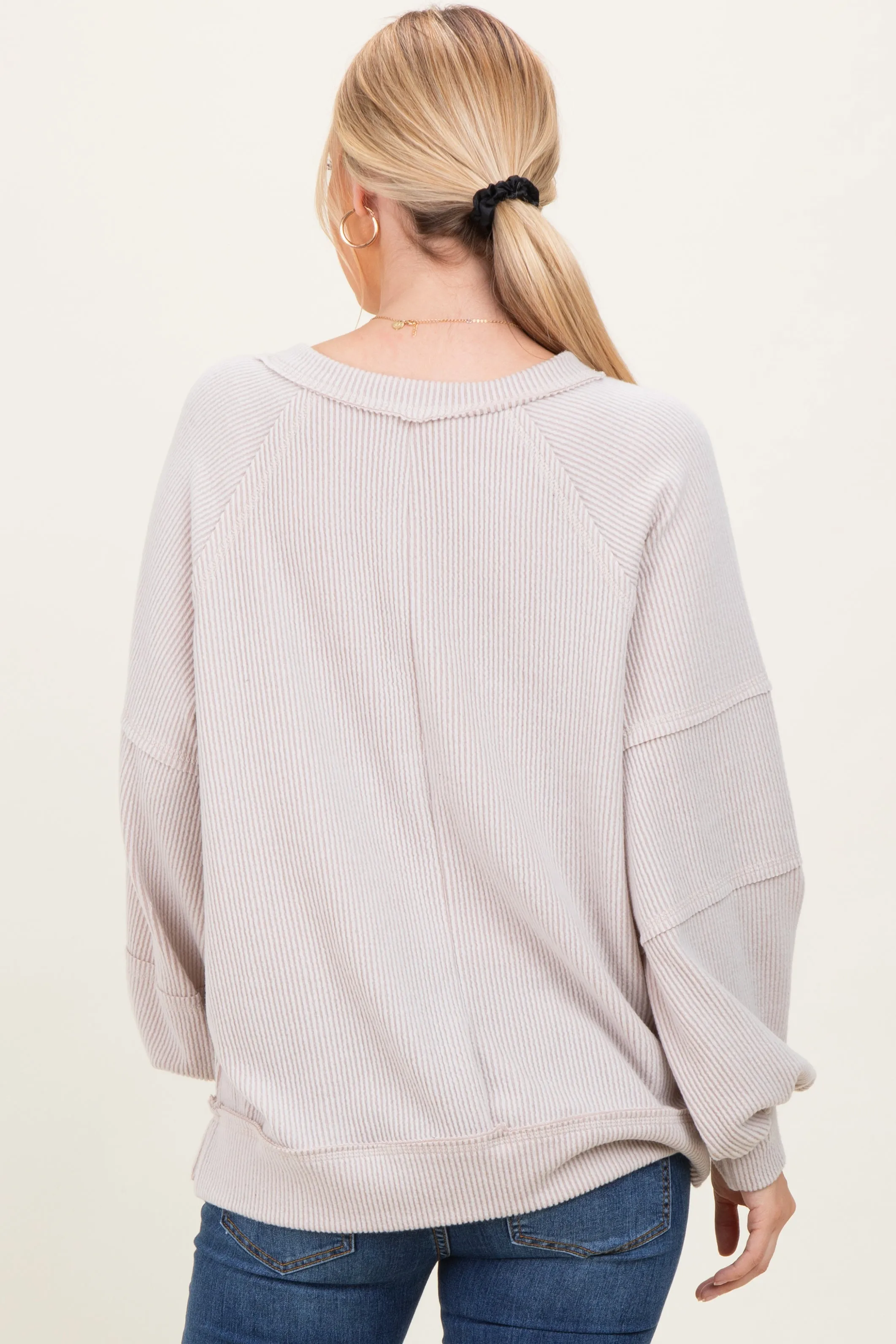 Beige Solid Rib Long Sleeve V-Neck Oversized Tunic Top sold by Pinkblush product image thumbnail 4