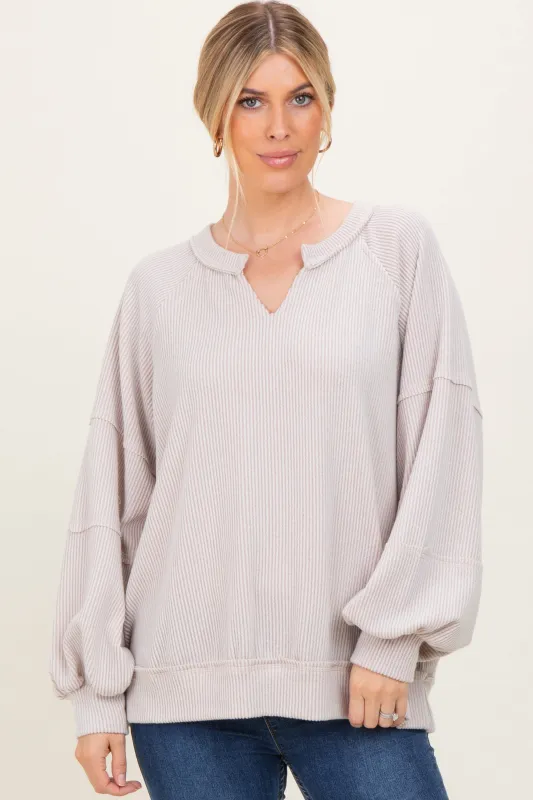 Beige Solid Rib Long Sleeve V-Neck Oversized Tunic Top sold by Pinkblush