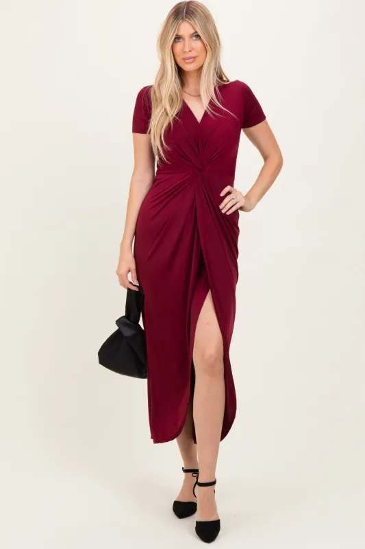 Burgundy Gathered Front Short Sleeve Maxi Dress sold by Pinkblush