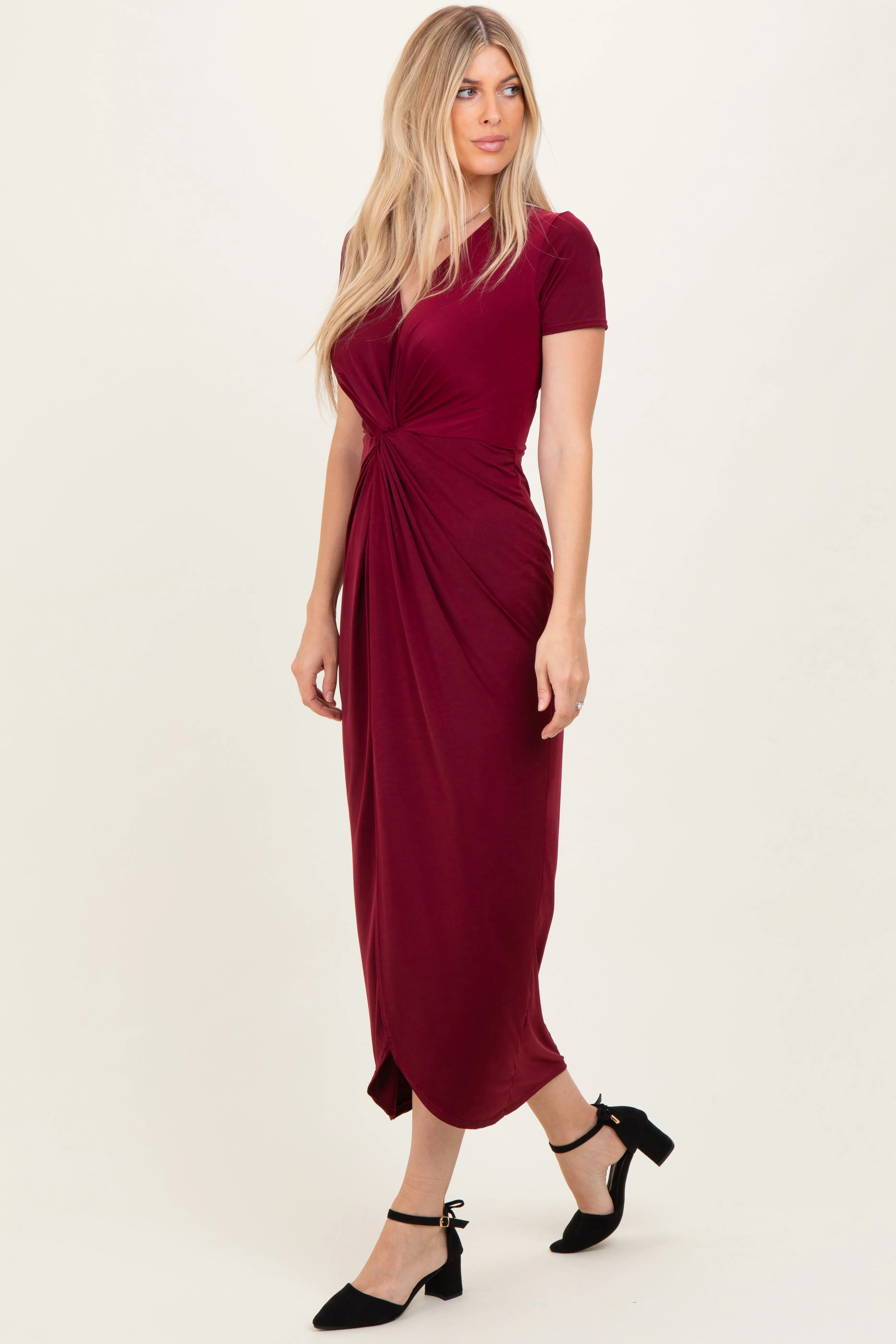 Burgundy Gathered Front Short Sleeve Maxi Dress sold by Pinkblush product image thumbnail 3