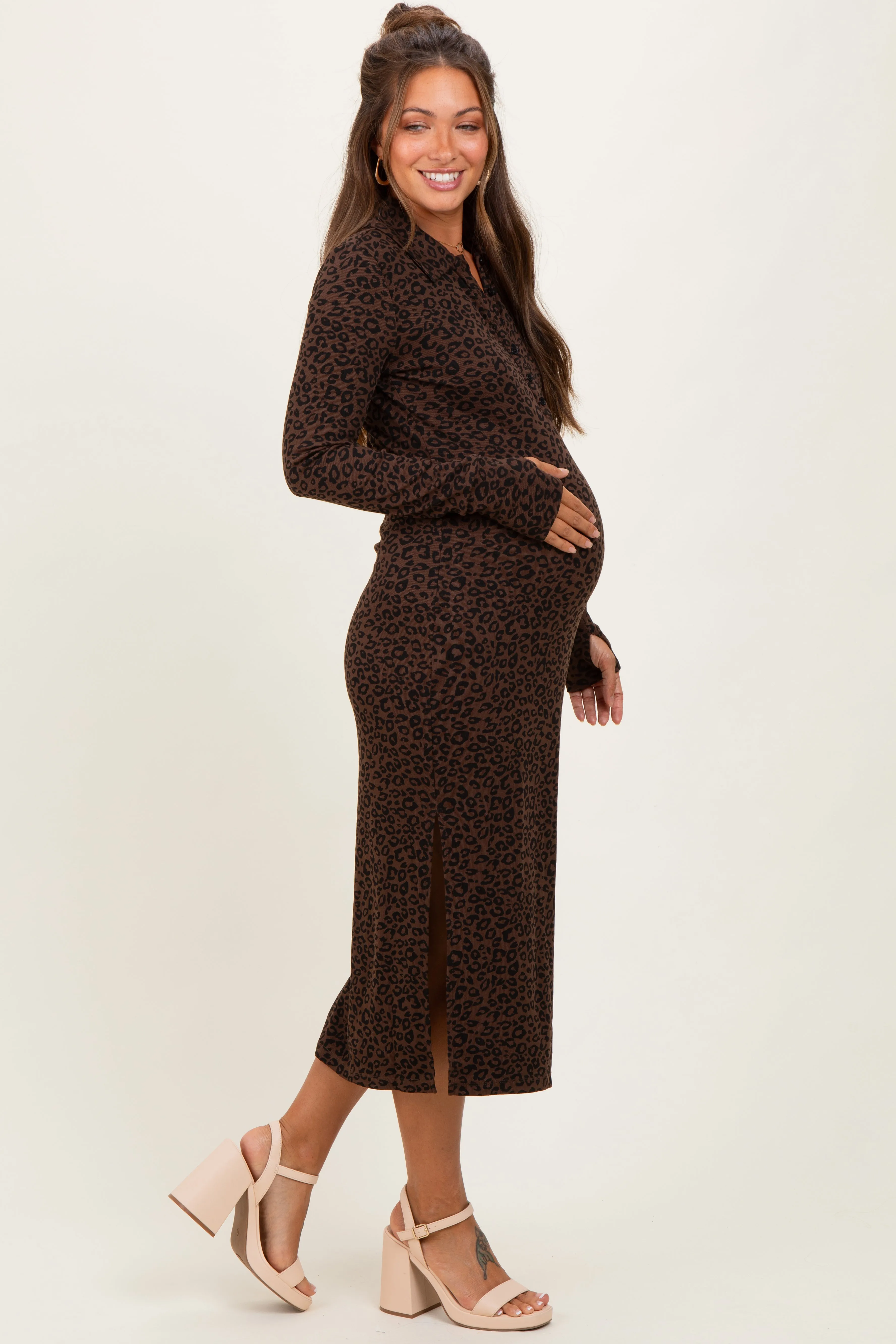 Brown Animal Print Collared Maternity Midi Dress sold by Pinkblush product image thumbnail 3