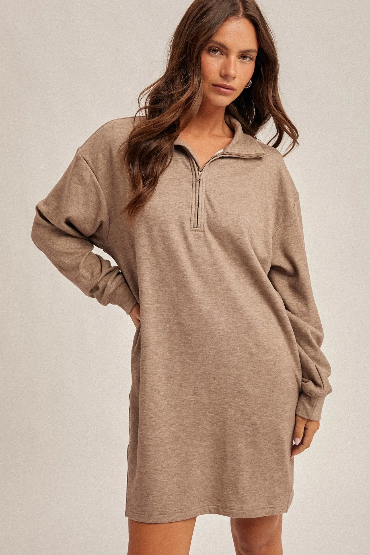 Taupe Brushed Quarter Zip Jersey Lounge Sweatshirt Dress sold by Pinkblush