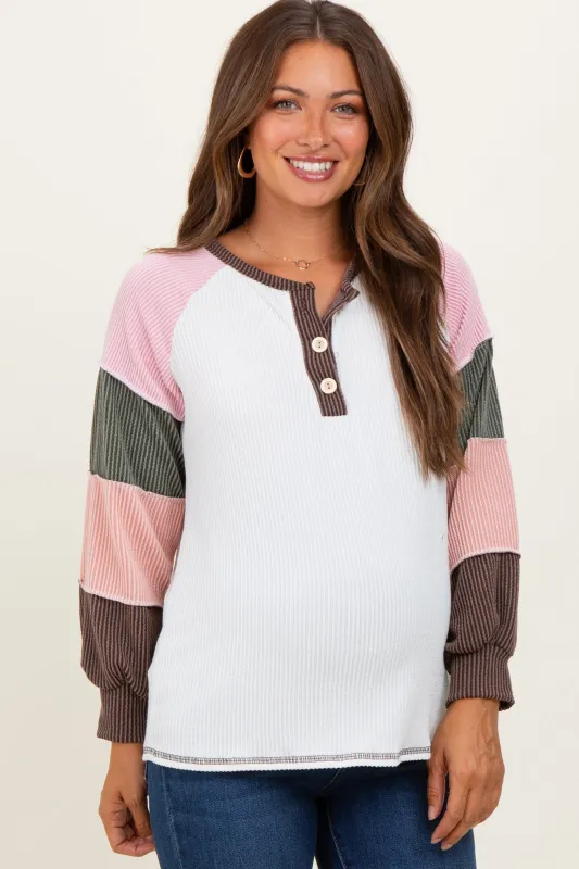 Brown Multi Textured Rib Colorblock Raglan Maternity Long Sleeve sold by Pinkblush