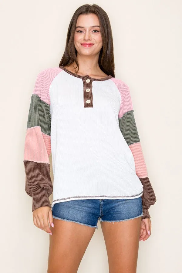 Brown Multi Textured Rib Colorblock Raglan Maternity Long Sleeve sold by Pinkblush product image thumbnail 5