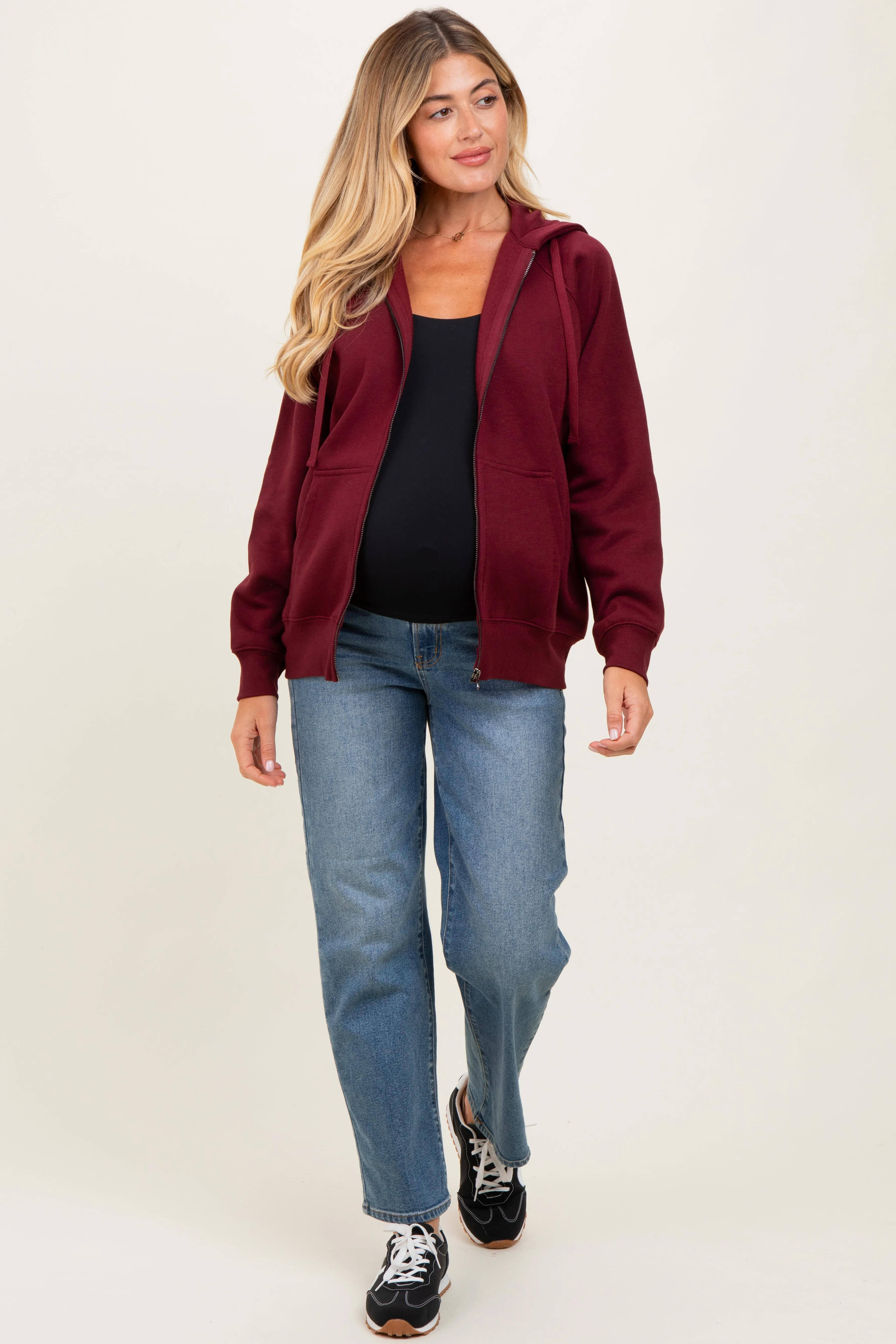 Burgundy Front Zipper Hooded Maternity Sweater sold by Pinkblush product image thumbnail 2