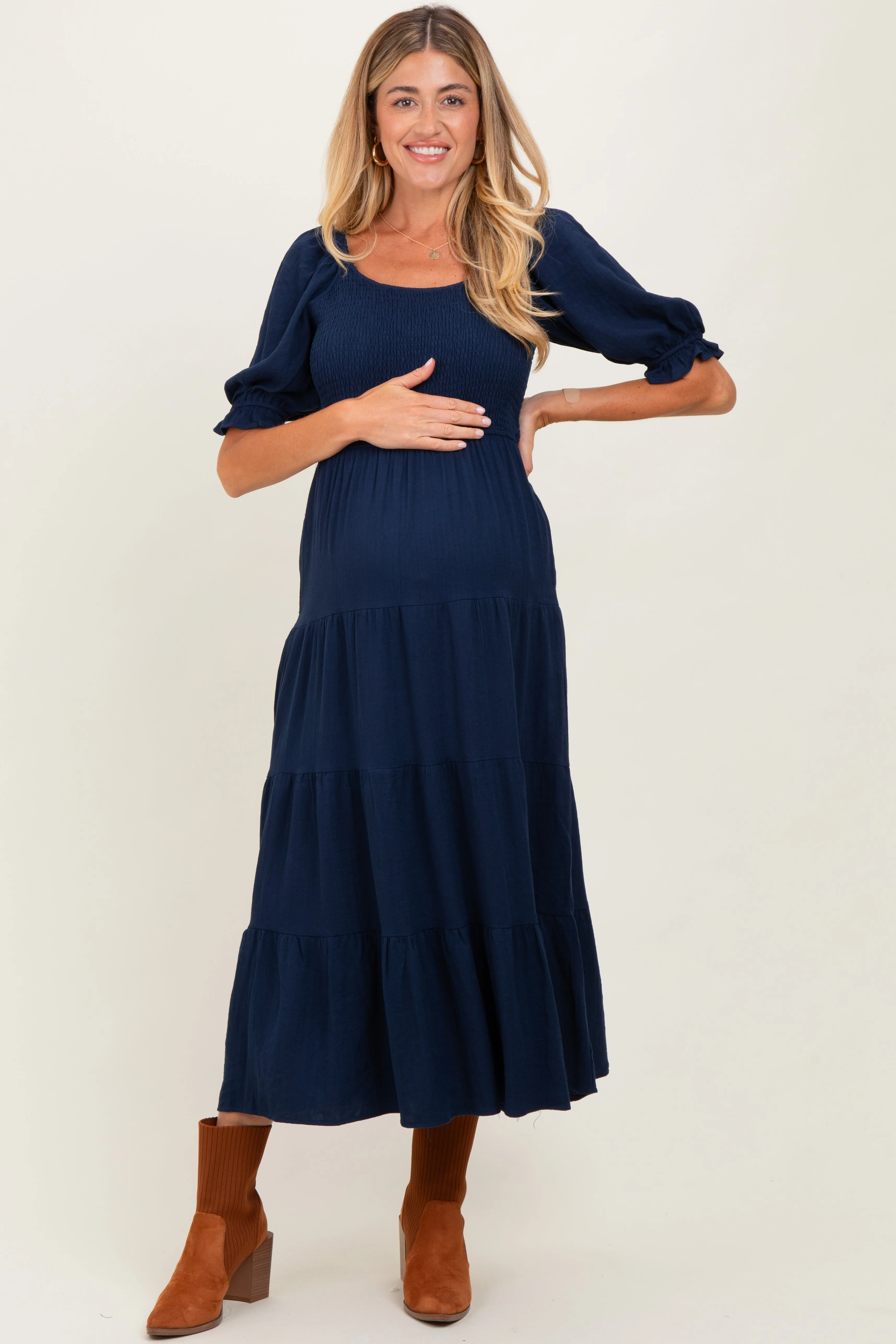 Navy Smocked Tiered Maternity Maxi Dress sold by Pinkblush product image thumbnail 2