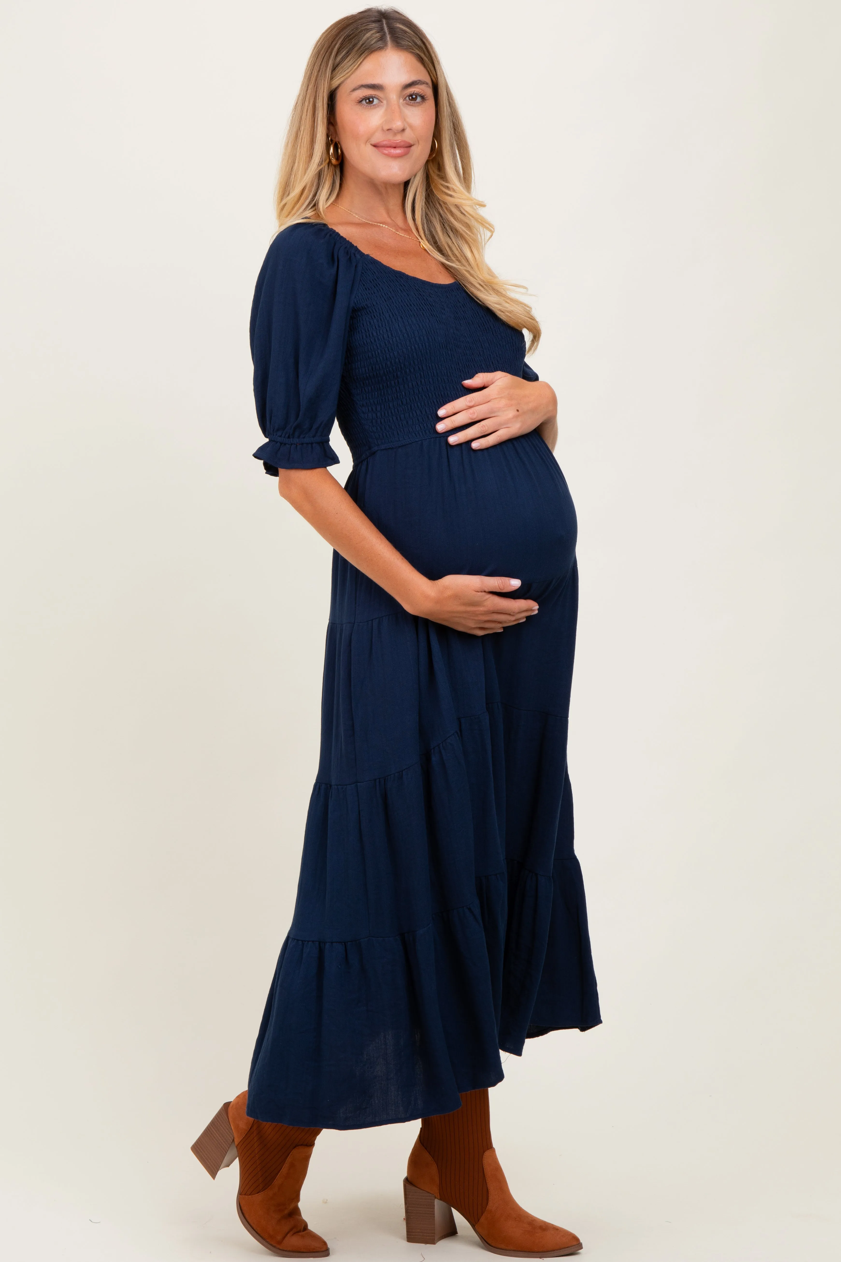 Navy Smocked Tiered Maternity Maxi Dress sold by Pinkblush product image thumbnail 3