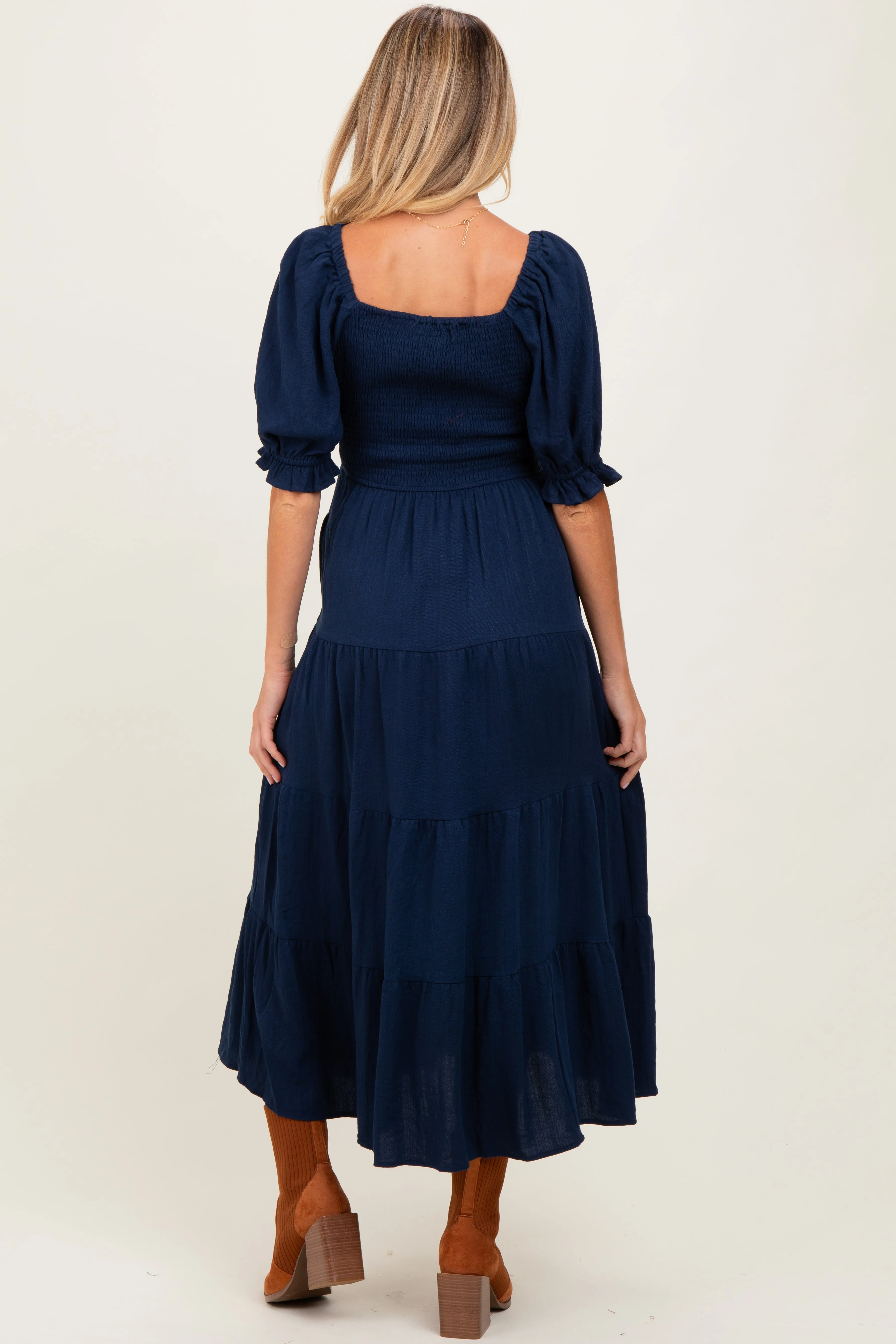 Navy Smocked Tiered Maternity Maxi Dress sold by Pinkblush product image thumbnail 4