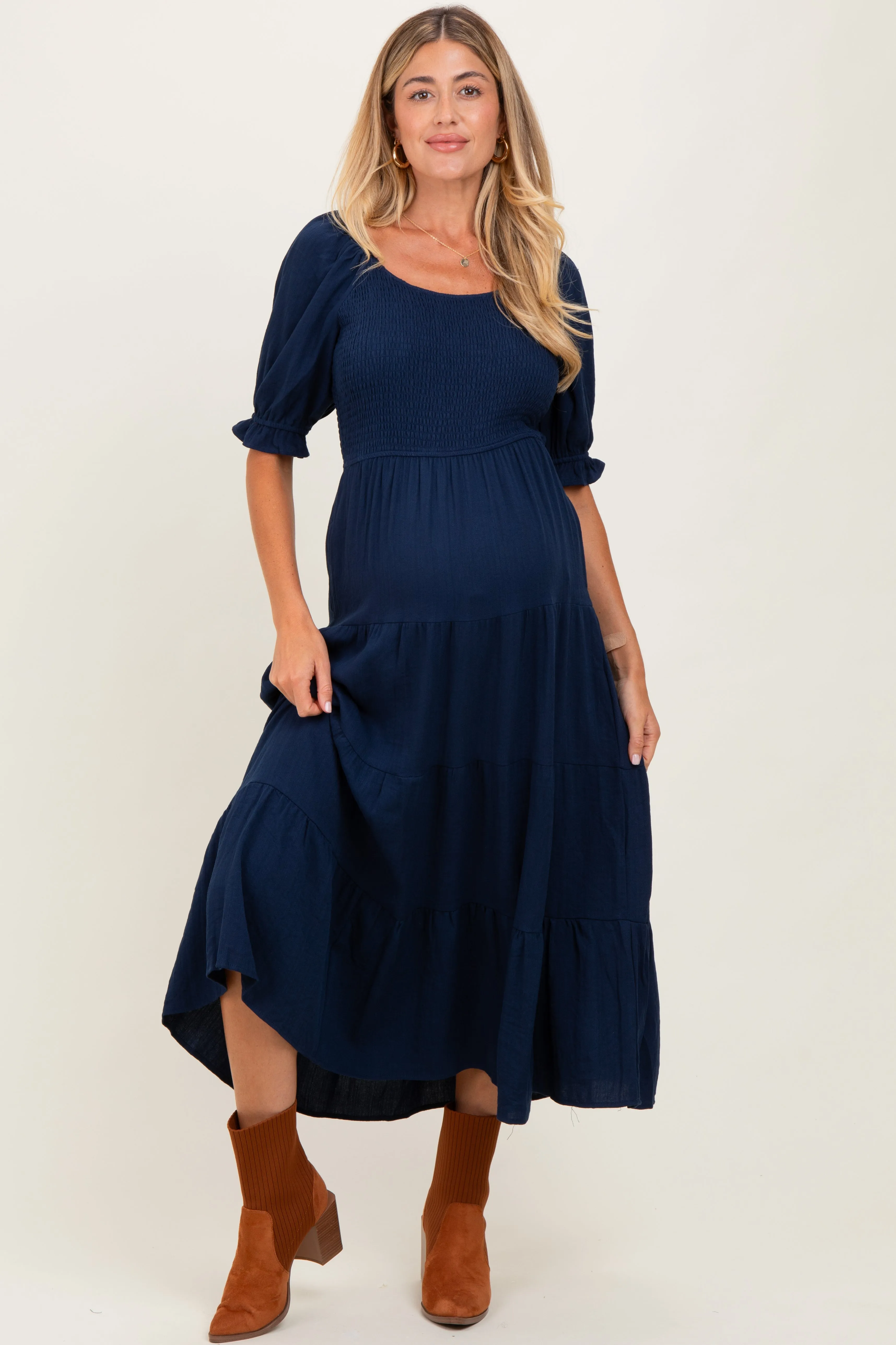Navy Smocked Tiered Maternity Maxi Dress sold by Pinkblush