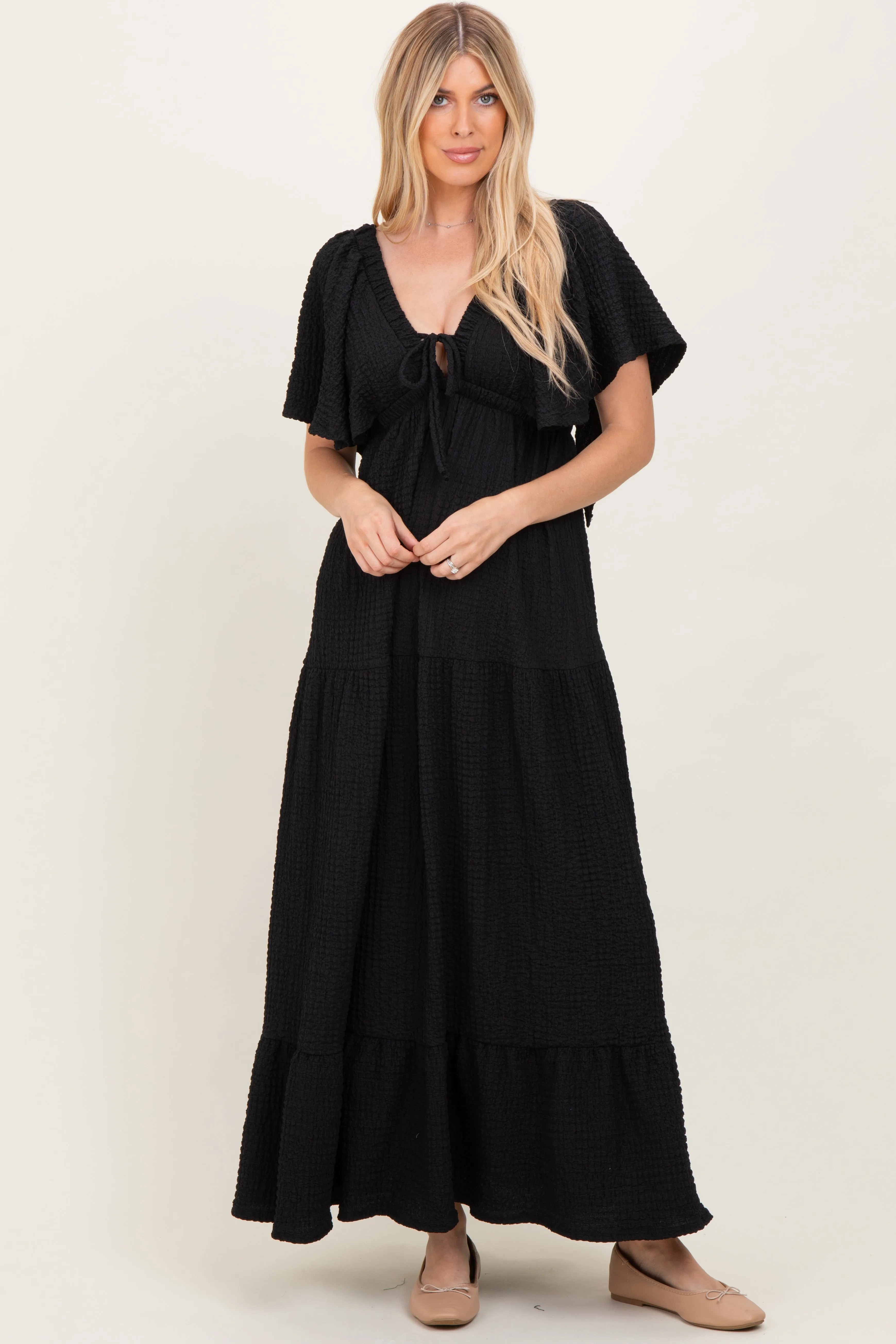 Black Woven Textured Flutter Sleeve V-Neck Tiered Maxi Dress sold by Pinkblush product image thumbnail 2