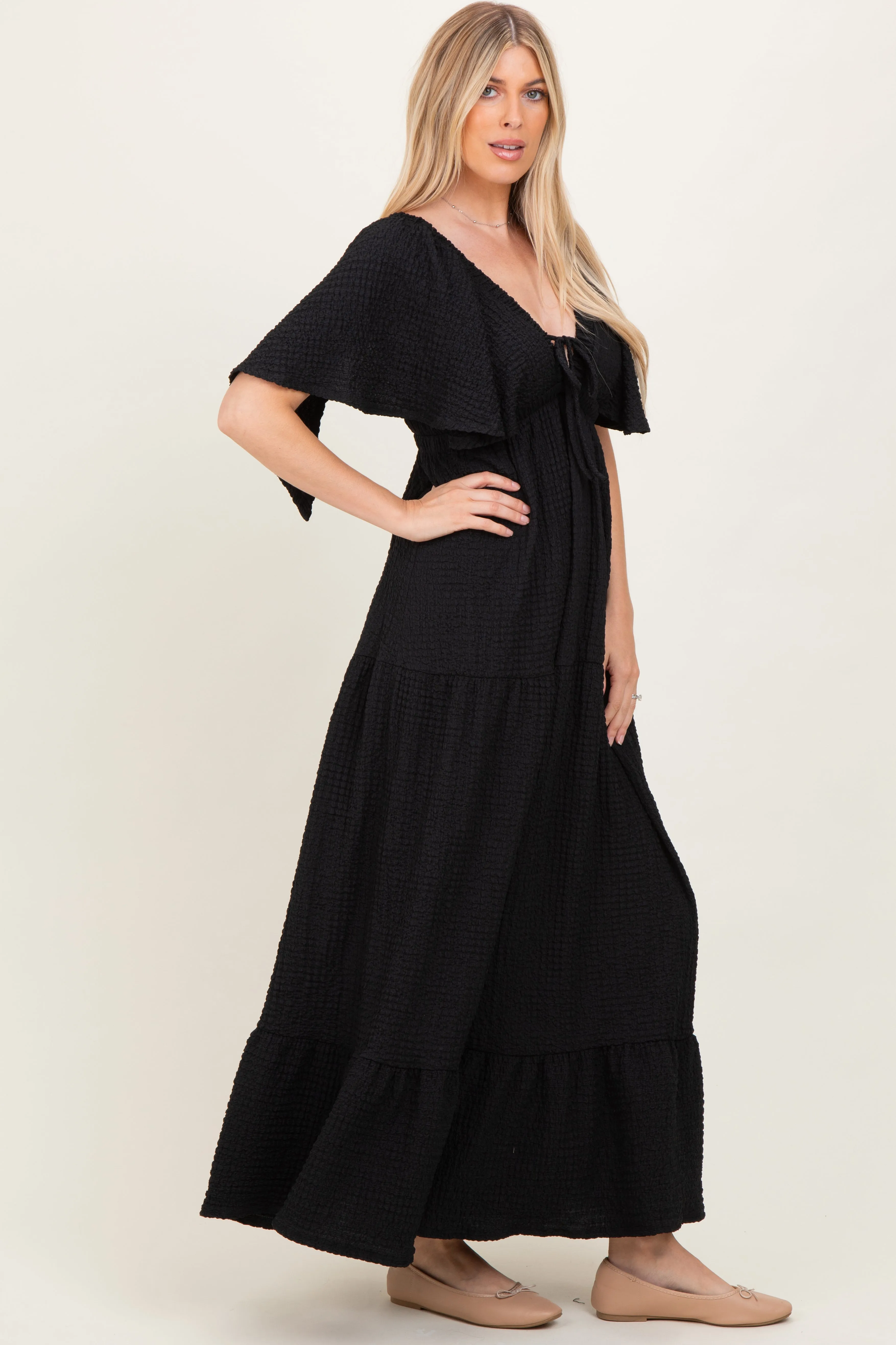 Black Woven Textured Flutter Sleeve V-Neck Tiered Maxi Dress sold by Pinkblush product image thumbnail 3