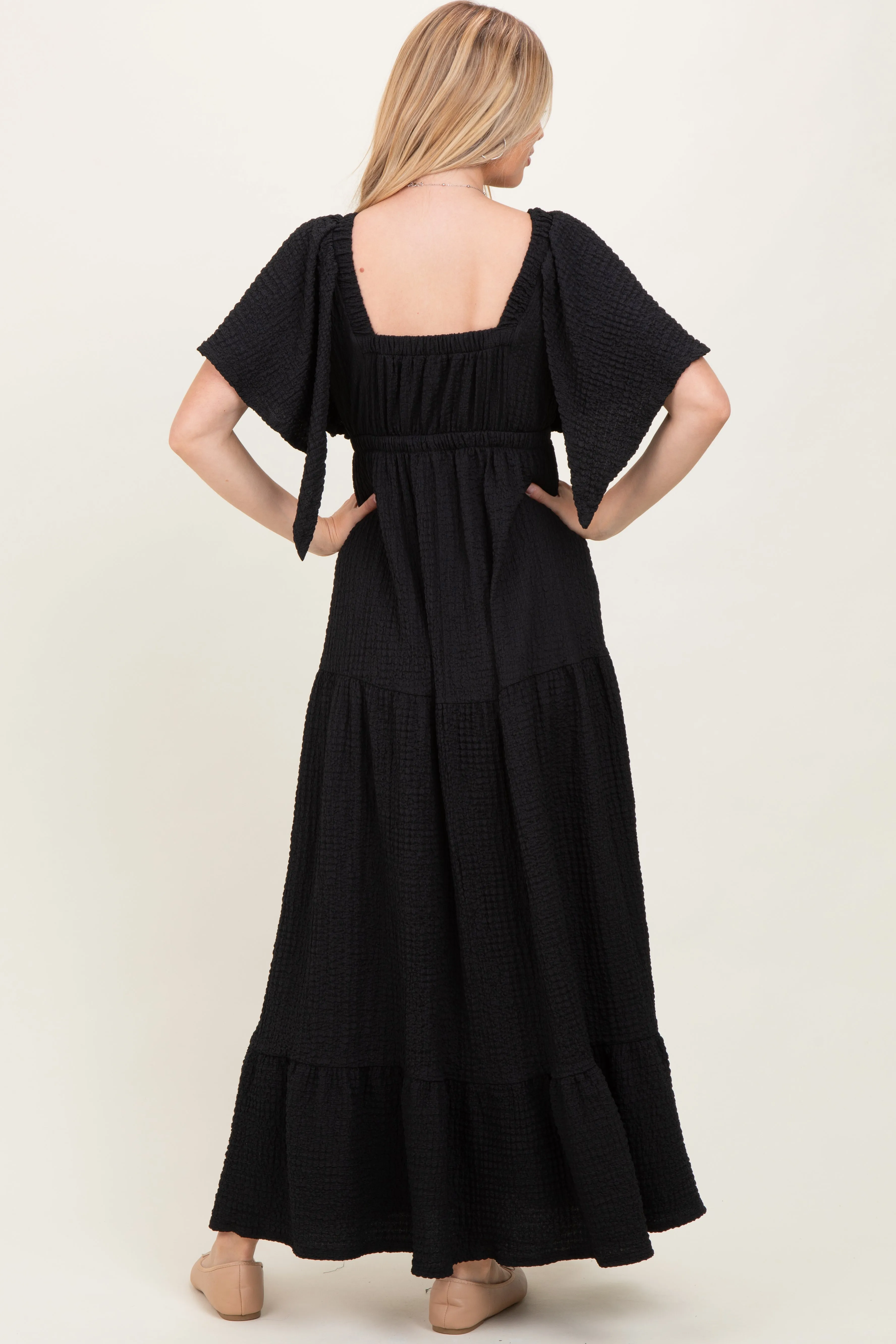 Black Woven Textured Flutter Sleeve V-Neck Tiered Maxi Dress sold by Pinkblush product image thumbnail 4