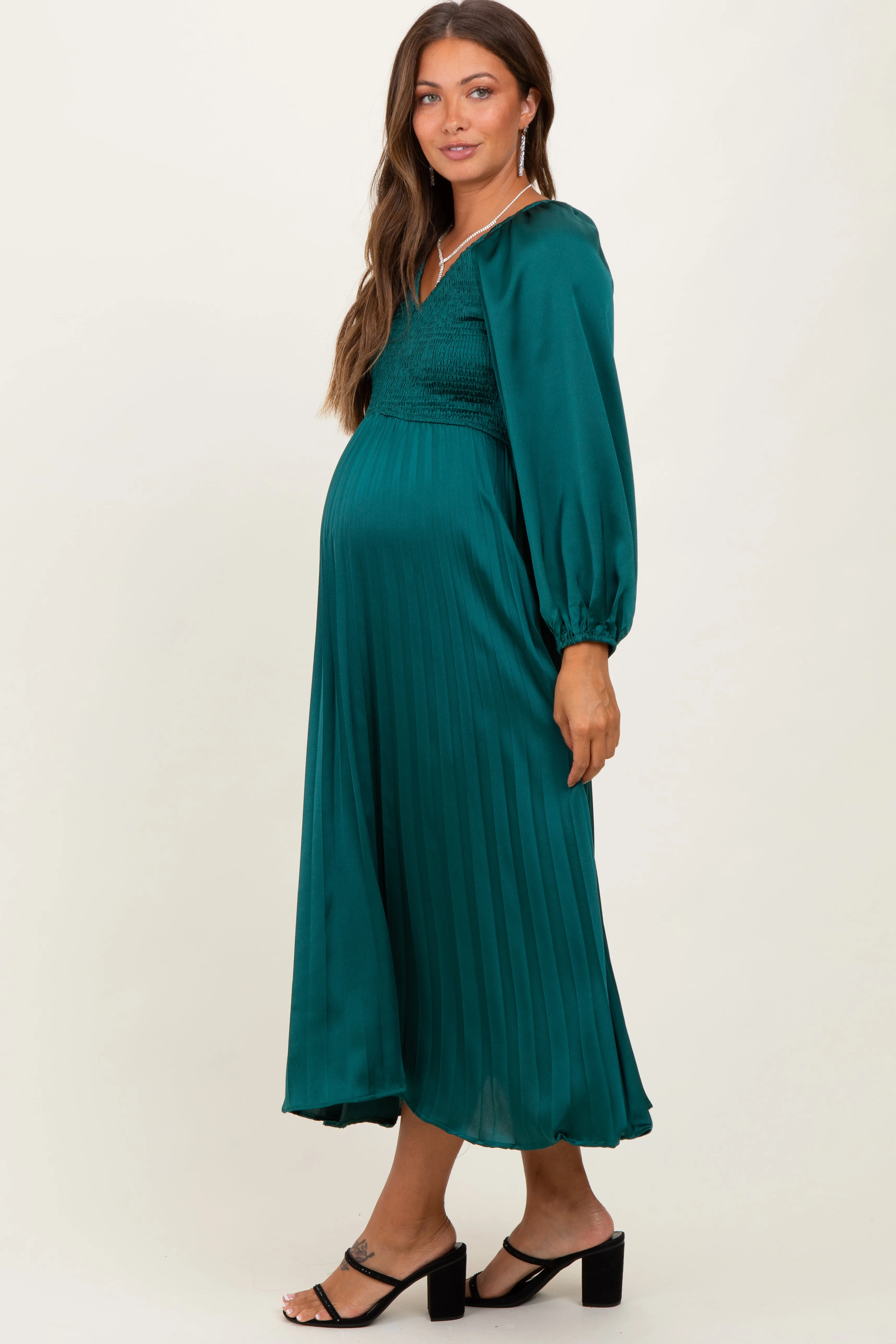 Forest Green Satin Smocked Pleated Maternity Midi Dress sold by Pinkblush product image thumbnail 3