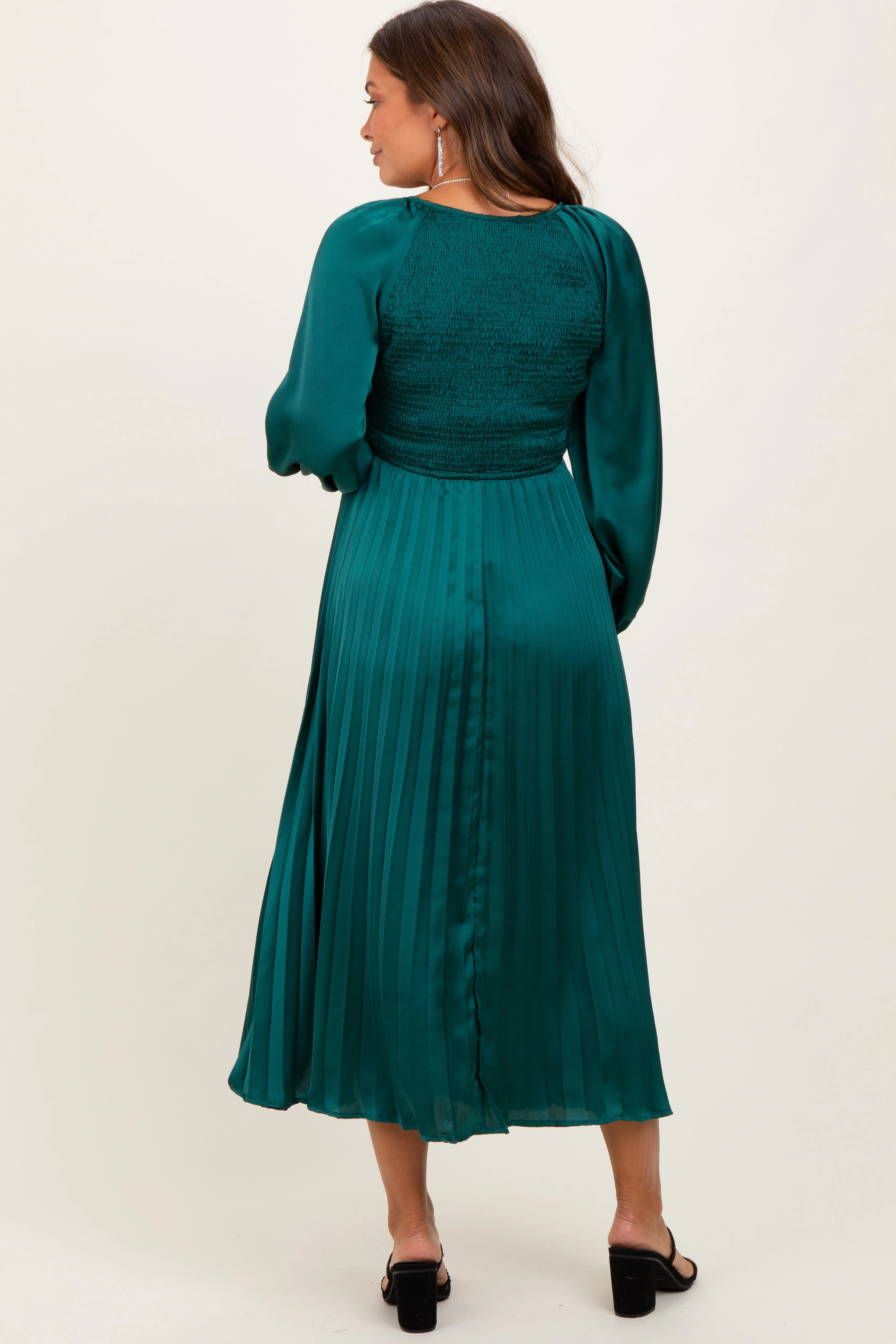 Forest Green Satin Smocked Pleated Maternity Midi Dress sold by Pinkblush product image thumbnail 4