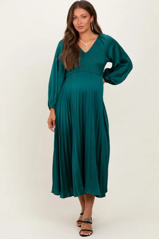 Forest Green Satin Smocked Pleated Maternity Midi Dress sold by Pinkblush