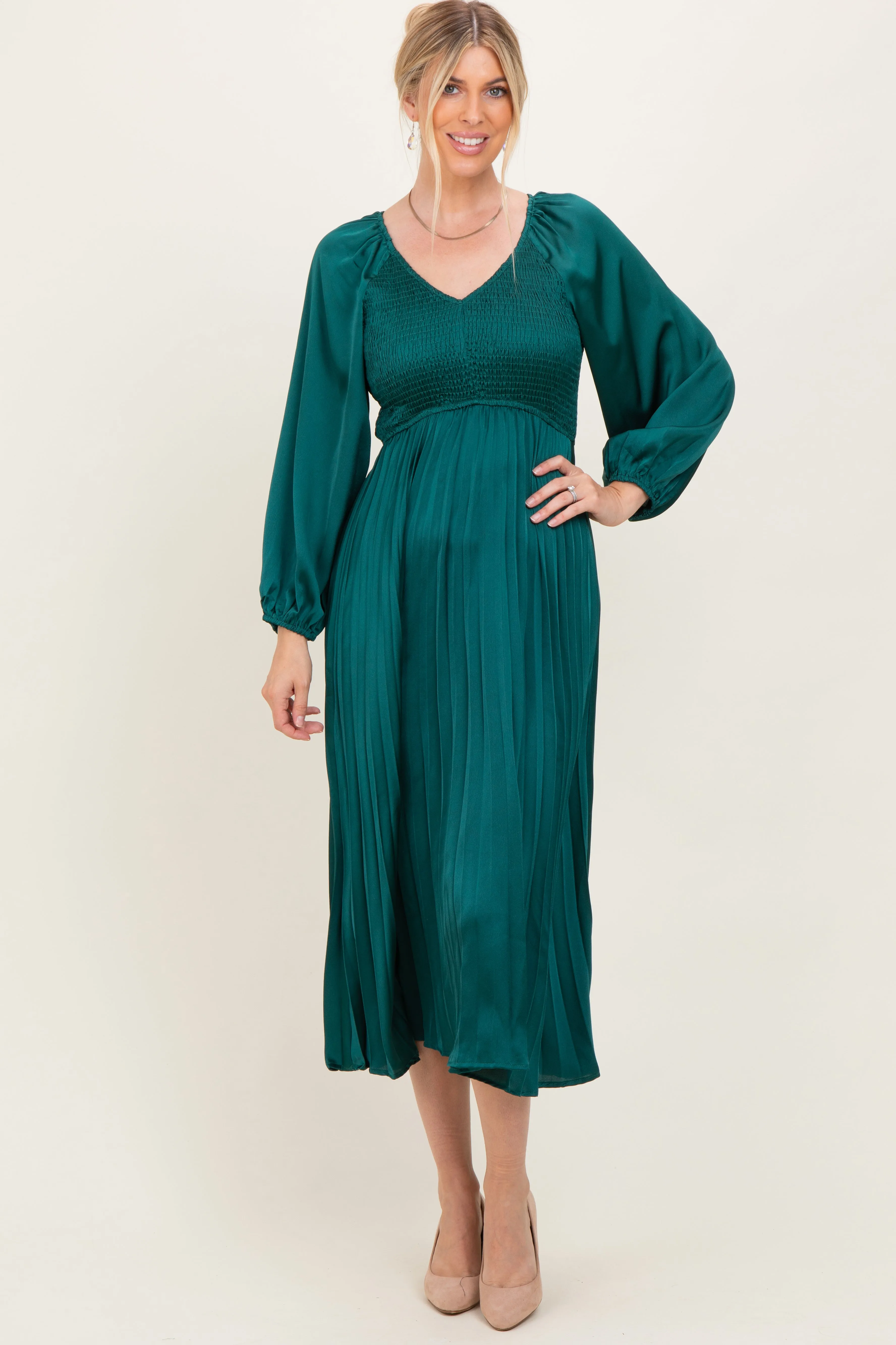Forest Green Satin Smocked Pleated Maternity Midi Dress sold by Pinkblush product image thumbnail 5