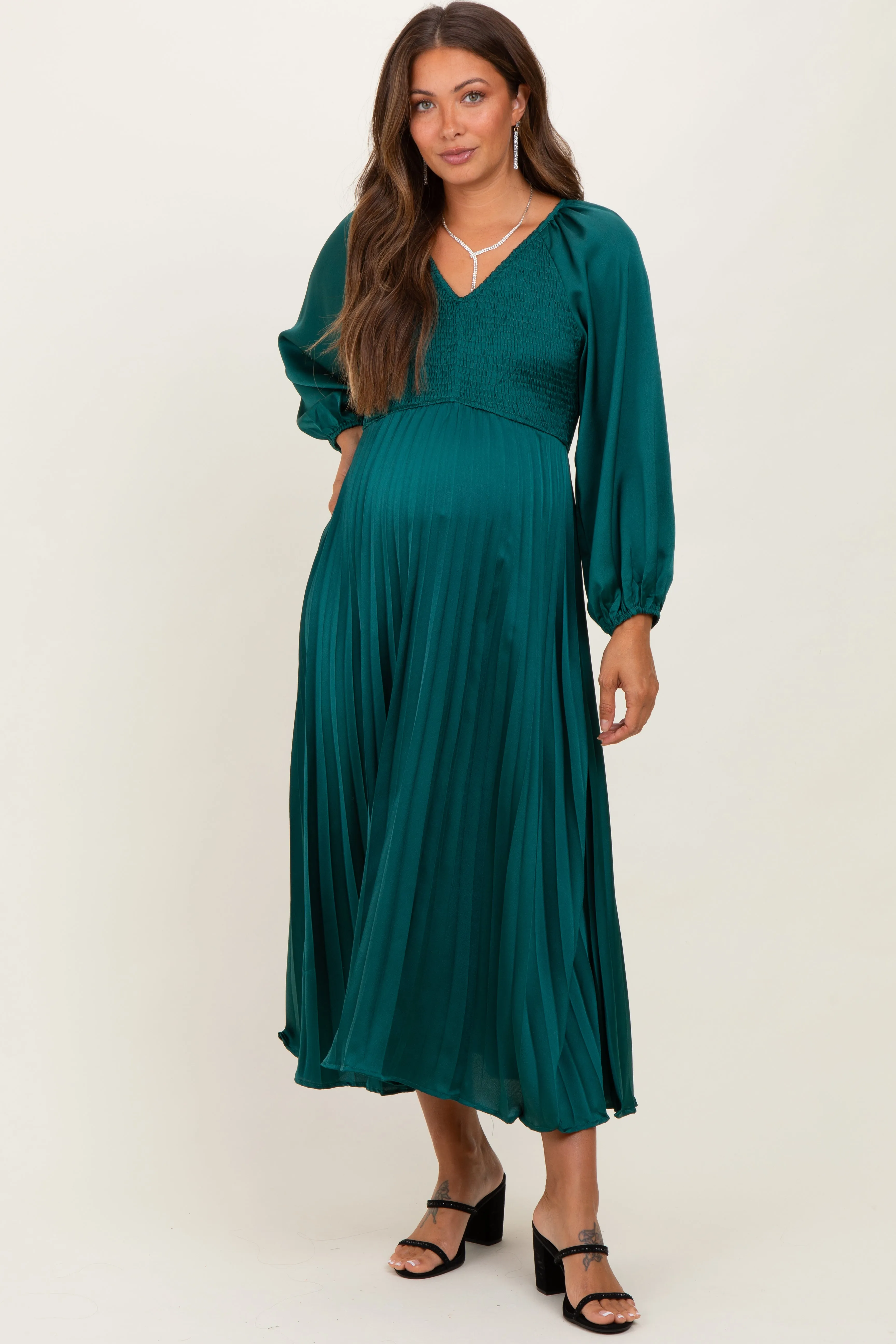 Forest Green Satin Smocked Pleated Maternity Midi Dress sold by Pinkblush product image thumbnail 2