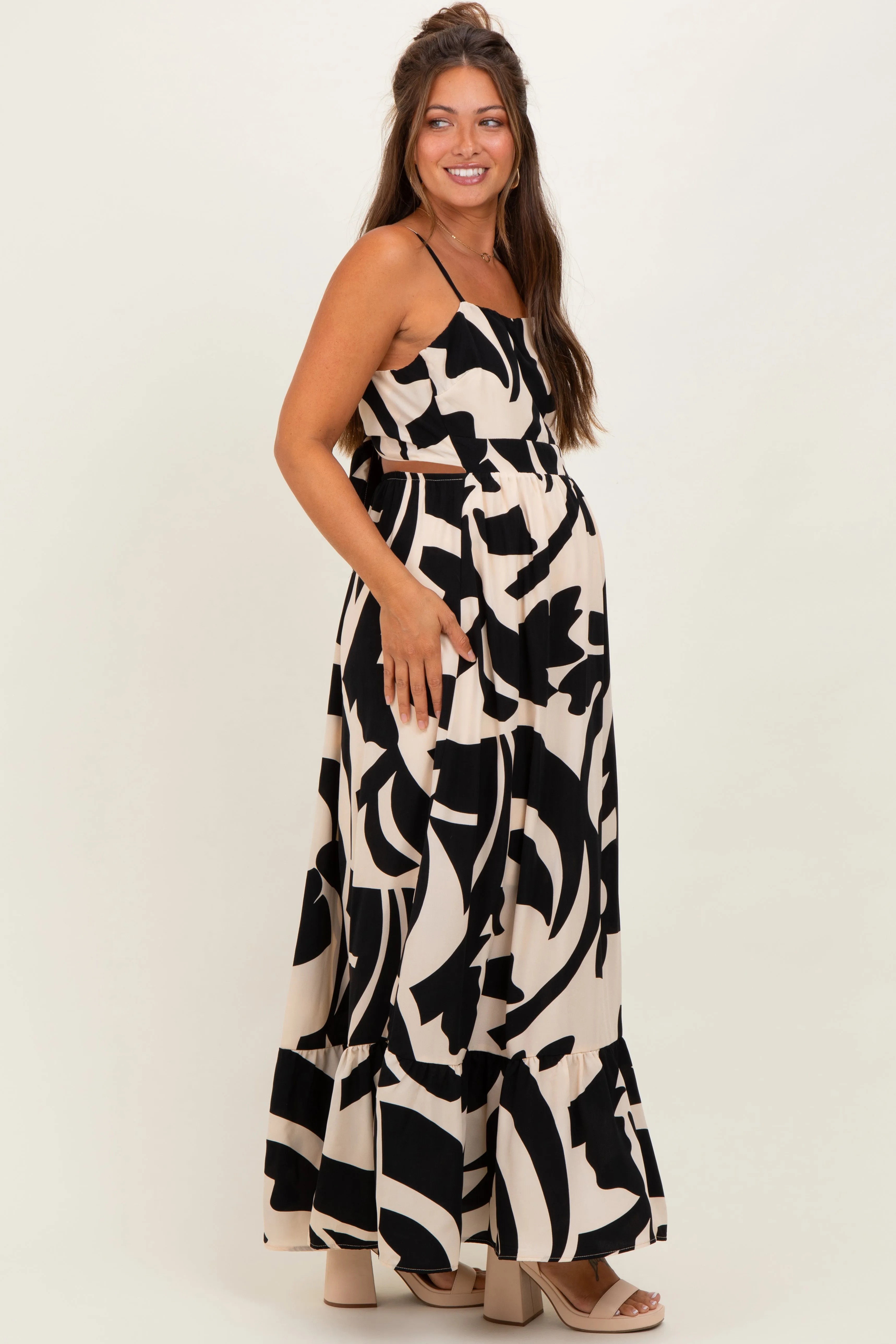 Black Printed Sleeveless Cutout Tie Back Maternity Maxi Dress sold by Pinkblush product image thumbnail 3